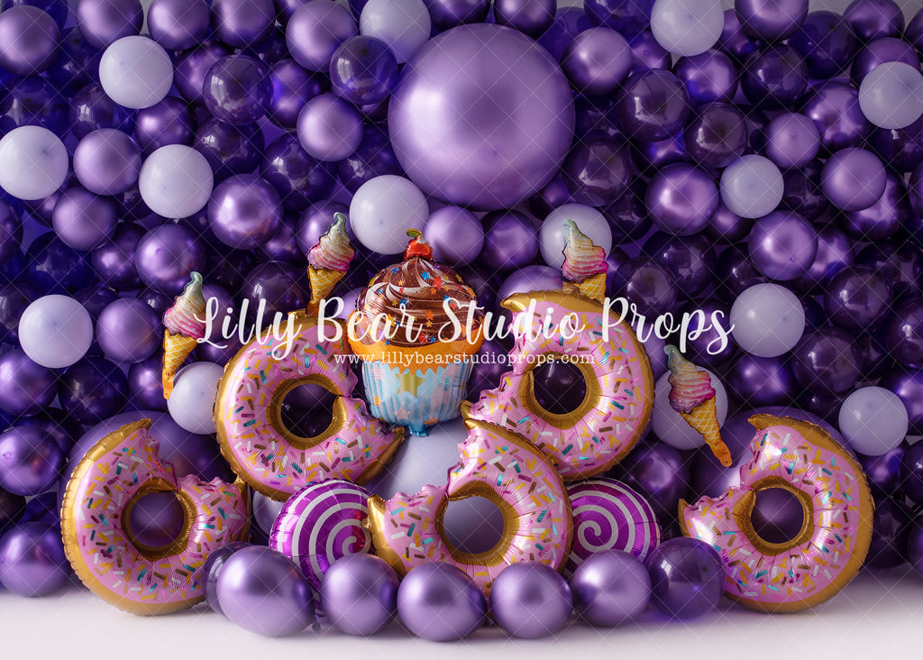 Donut Grow Up Balloon Wall - Lilly Bear Studio Props, balloon, balloon party, balloon wall, balloons, birthday, cake smash, candy, candy balloons, cupcake, donut balloons, donuts, Fabric, girl balloons, girly, heart balloon, it's my party, pastel pink, pastel purple, pink balloons, pretty, pretty in pink, purple balloons, treats, Wrinkle Free Fabric