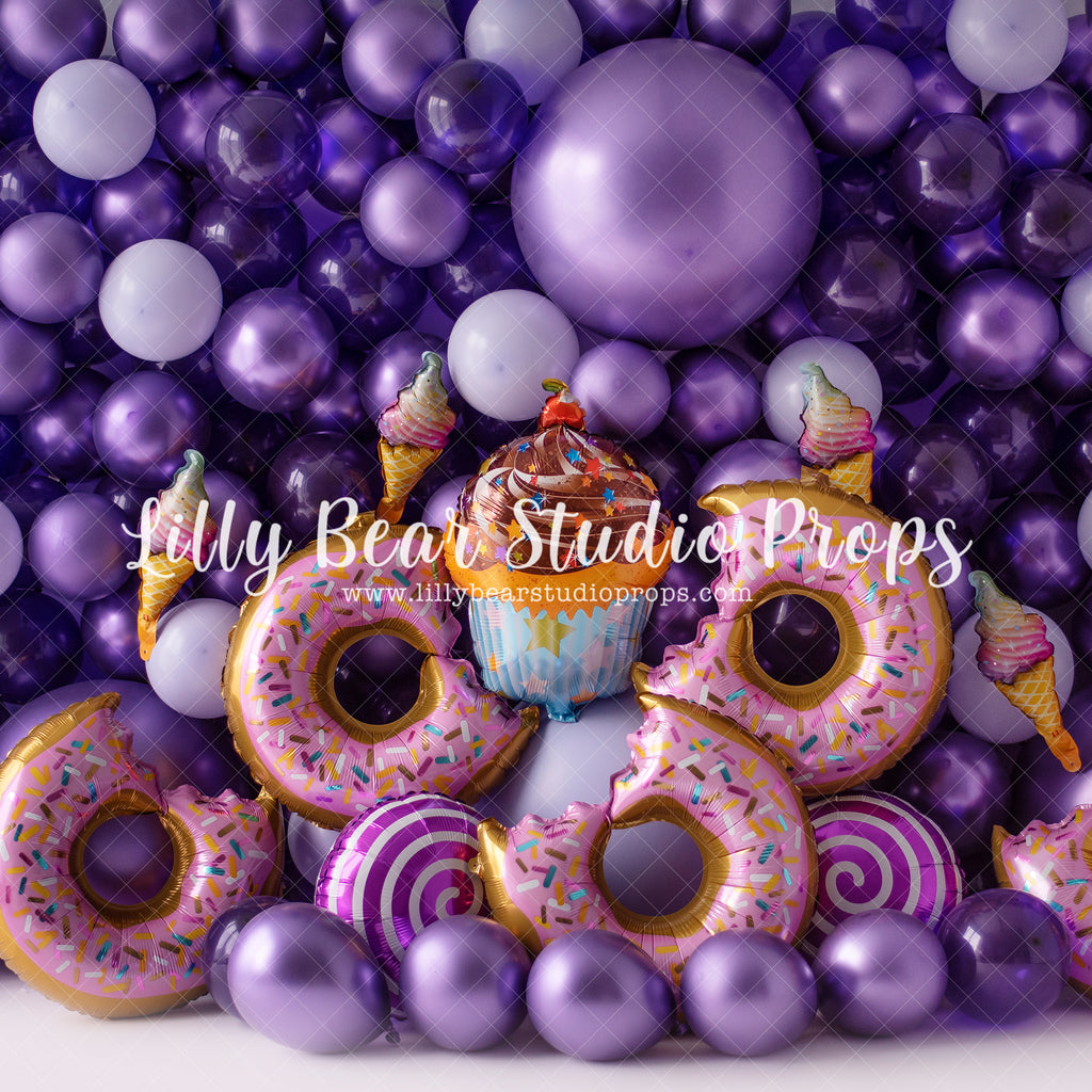 Donut Grow Up Balloon Wall - Lilly Bear Studio Props, balloon, balloon party, balloon wall, balloons, birthday, cake smash, candy, candy balloons, cupcake, donut balloons, donuts, Fabric, girl balloons, girly, heart balloon, it's my party, pastel pink, pastel purple, pink balloons, pretty, pretty in pink, purple balloons, treats, Wrinkle Free Fabric