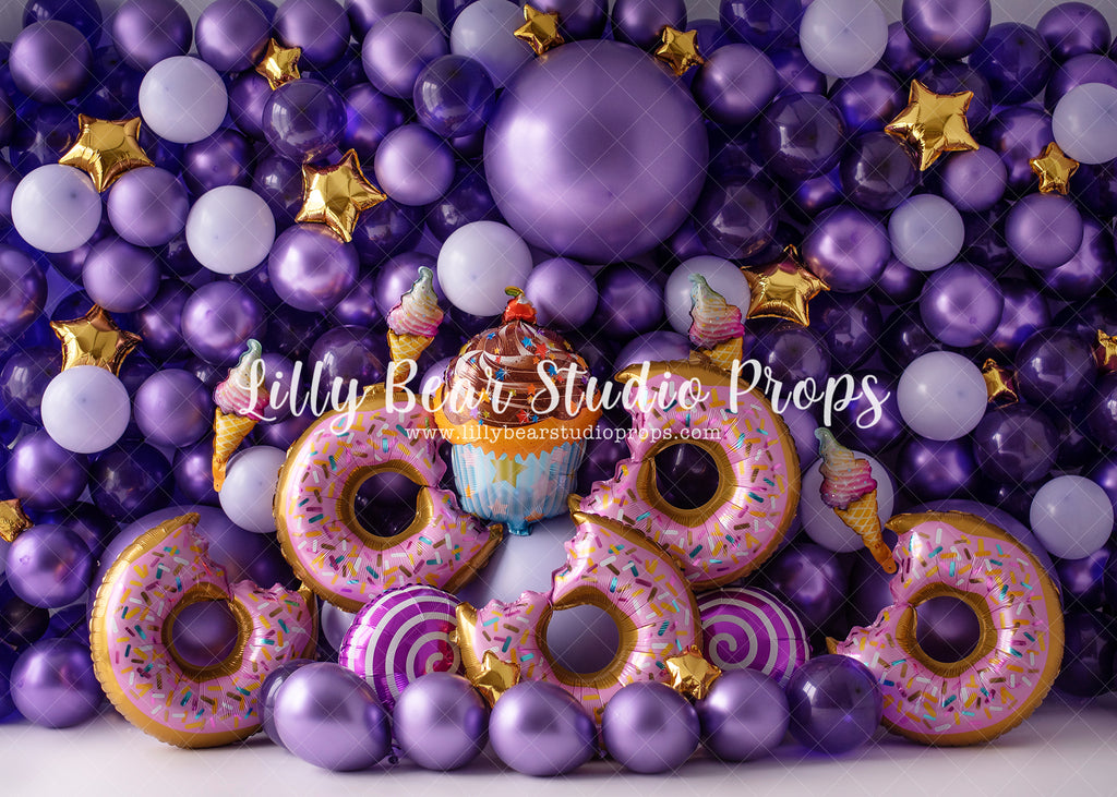 Donut Grow Up Starry Balloon Wall - Lilly Bear Studio Props, balloon, balloon party, balloon wall, balloons, birthday, cake smash, candy, candy balloons, cupcake, donut balloons, donuts, Fabric, girl balloons, girly, gold stars, heart balloon, it's my party, pastel pink, pastel purple, pink balloons, pretty, pretty in pink, purple balloons, stars, treats, Wrinkle Free Fabric