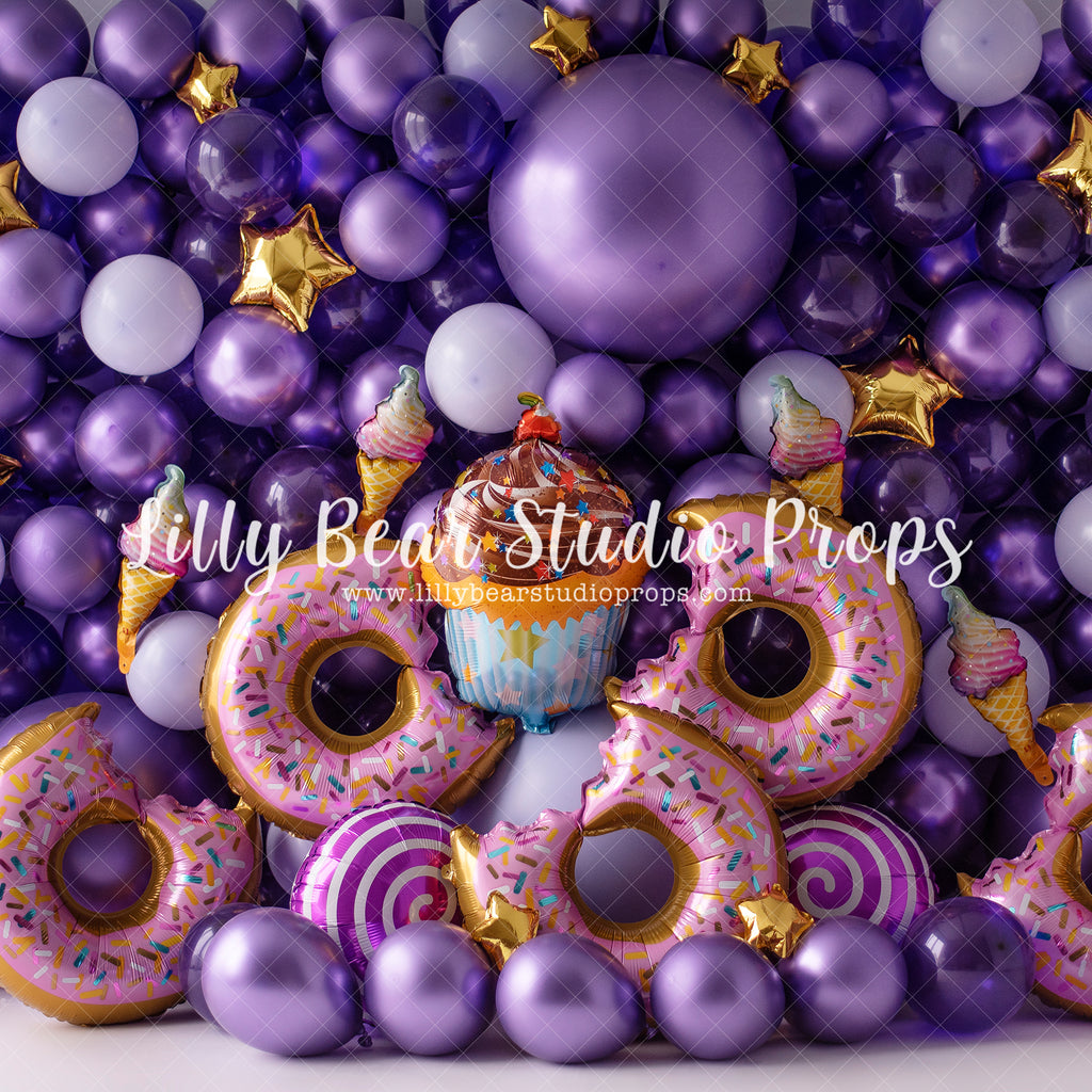 Donut Grow Up Starry Balloon Wall - Lilly Bear Studio Props, balloon, balloon party, balloon wall, balloons, birthday, cake smash, candy, candy balloons, cupcake, donut balloons, donuts, Fabric, girl balloons, girly, gold stars, heart balloon, it's my party, pastel pink, pastel purple, pink balloons, pretty, pretty in pink, purple balloons, stars, treats, Wrinkle Free Fabric