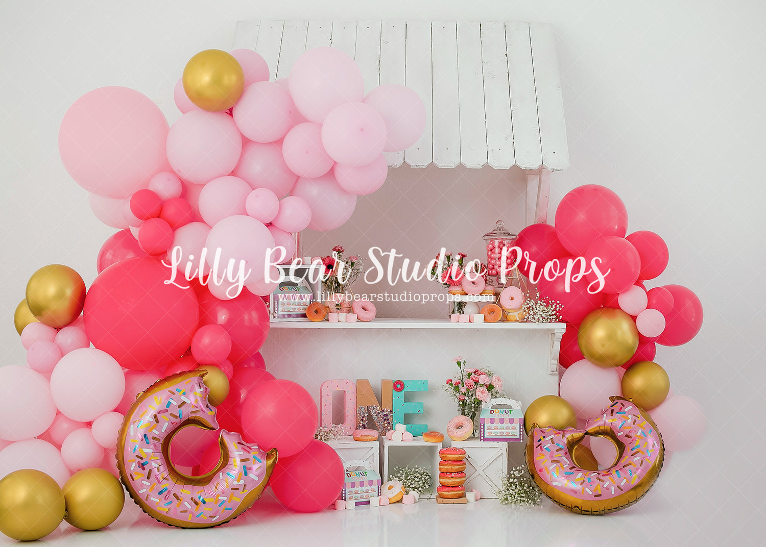 Donut Stand - Lilly Bear Studio Props, awning, chocolate donuts, donut, donut group up, donut growup, donut party, donut pattern, donuts, doors, Fabric, fence, first birthday, pastel donuts, pink, pink and cream, pink awning, pink donuts, sprinkle donuts, sweet donunt, sweet one, sweet treats, sweets, Wrinkle Free Fabric