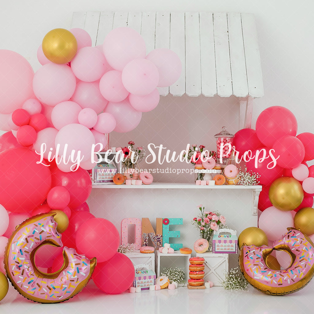 Donut Stand - Lilly Bear Studio Props, awning, chocolate donuts, donut, donut group up, donut growup, donut party, donut pattern, donuts, doors, Fabric, fence, first birthday, pastel donuts, pink, pink and cream, pink awning, pink donuts, sprinkle donuts, sweet donunt, sweet one, sweet treats, sweets, Wrinkle Free Fabric