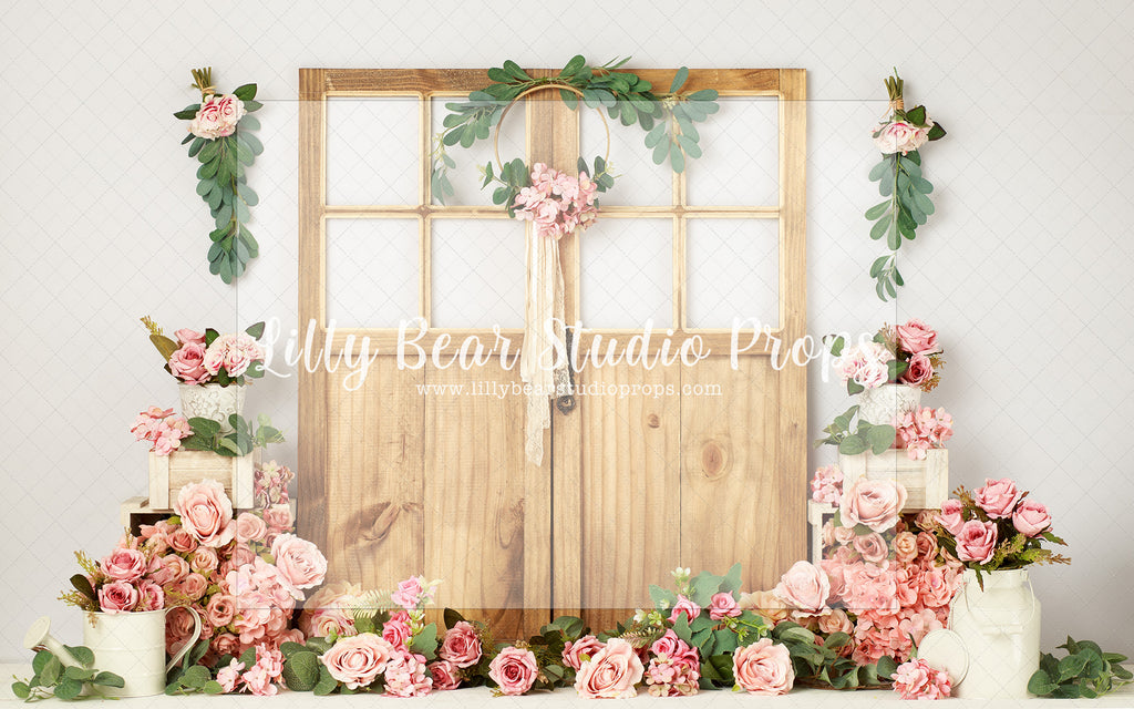 Door Of Flowers - Lilly Bear Studio Props, artistic floral, barn door, barn doors, floral, floral garden, floral pink, florals, flower barn doors, Peonies, pink floral, roses, spring floral, vintage floral
