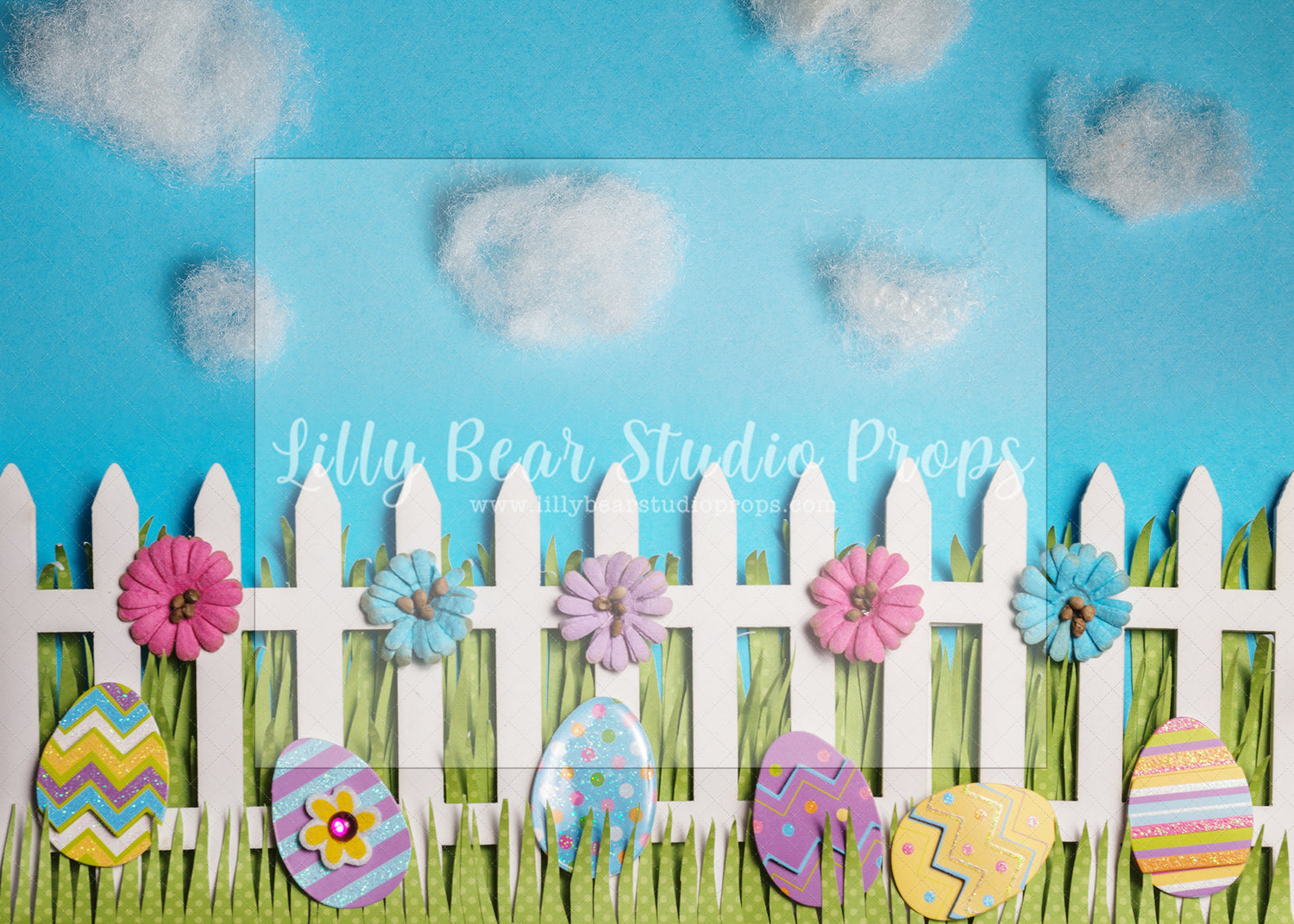 Easter Egg Hunt Cloudy Sky - Lilly Bear Studio Props, cherry blossoms, daisies, daisy, daisy floral, daisy flowers, daisy garden, easter egg, easter eggs, easter mini, FABRICS, flowers, picket fence, spring, spring garden, spring mini, white picket fence