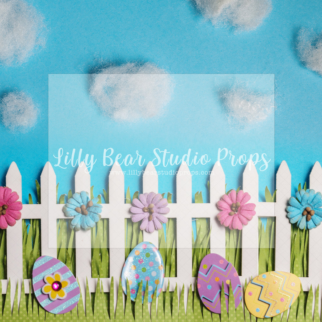 Easter Egg Hunt Cloudy Sky - Lilly Bear Studio Props, cherry blossoms, daisies, daisy, daisy floral, daisy flowers, daisy garden, easter egg, easter eggs, easter mini, FABRICS, flowers, picket fence, spring, spring garden, spring mini, white picket fence