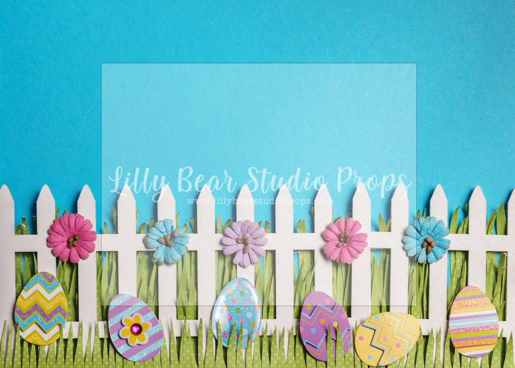 Easter Egg Hunt Fence - Lilly Bear Studio Props, cherry blossoms, daisies, daisy, daisy floral, daisy flowers, daisy garden, easter egg, easter eggs, easter mini, FABRICS, flowers, picket fence, spring, spring garden, spring mini, white picket fence