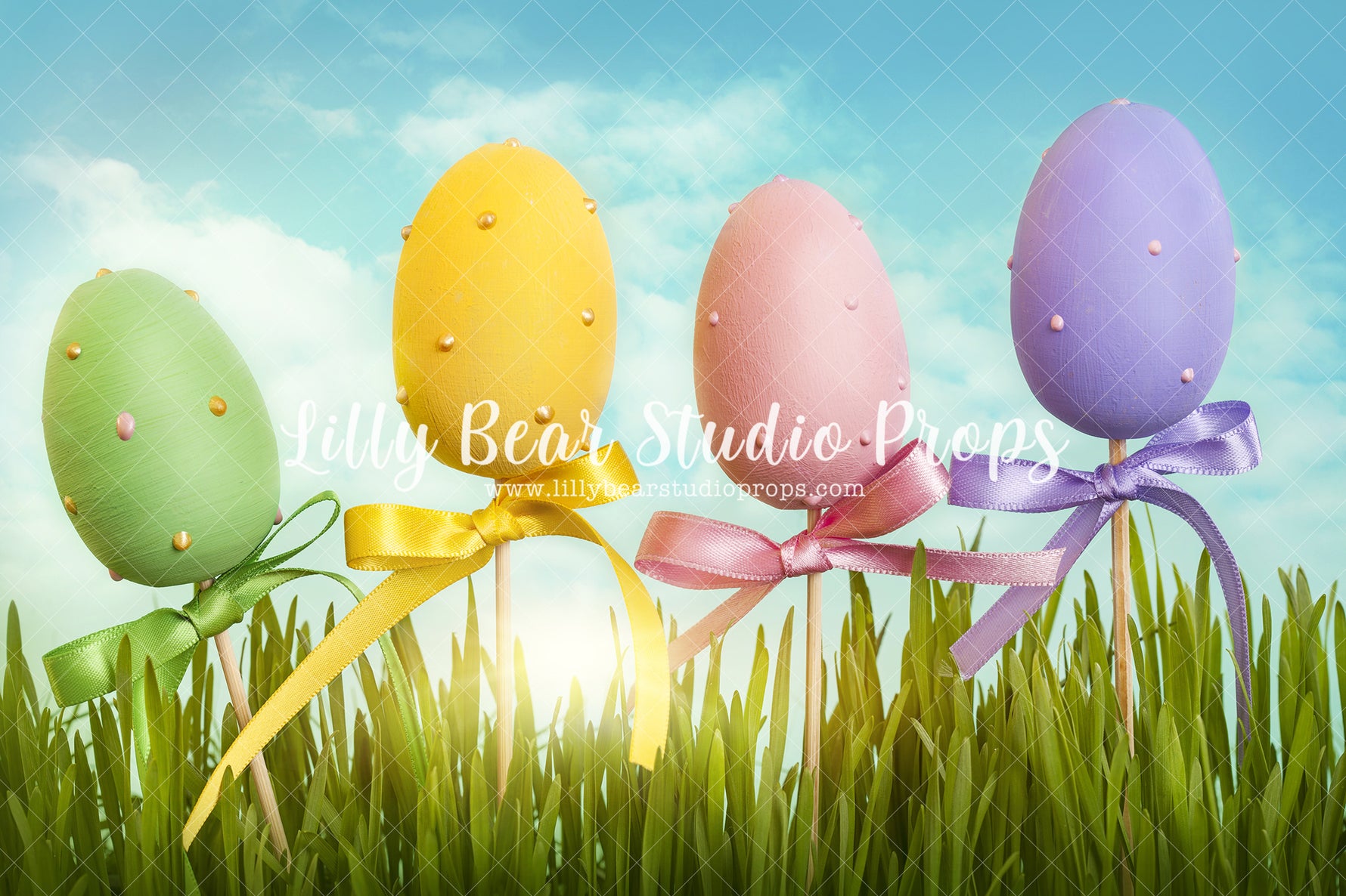 Eggs in the Grass - Lilly Bear Studio Props, color eggs, cotton tail, easter, easter basket, easter bunny, easter egg, easter eggs, easter tree, egg, eggs, FABRICS, grass, green grass, happy easter, hills, pastel, sky, spring, spring hill