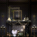 Elegant Autumn Fireplace - Lilly Bear Studio Props, autumn, autumn colors, autumn forest, autumn leaves, autumn time, black fireplace, candelabra, candles, dark fireplace, FABRICS, fall fireplace, fall pumpkins, fireplace, fireplace frames, halloween fireplace, pumpkin fireplace, Pumpkin one, spooky fireplace, white pumpkin, white pumpkins