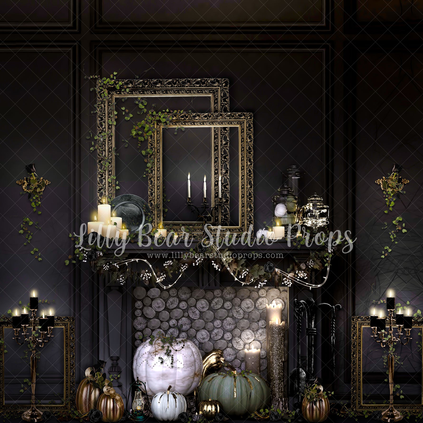 Elegant Autumn Fireplace - Lilly Bear Studio Props, autumn, autumn colors, autumn forest, autumn leaves, autumn time, black fireplace, candelabra, candles, dark fireplace, FABRICS, fall fireplace, fall pumpkins, fireplace, fireplace frames, halloween fireplace, pumpkin fireplace, Pumpkin one, spooky fireplace, white pumpkin, white pumpkins