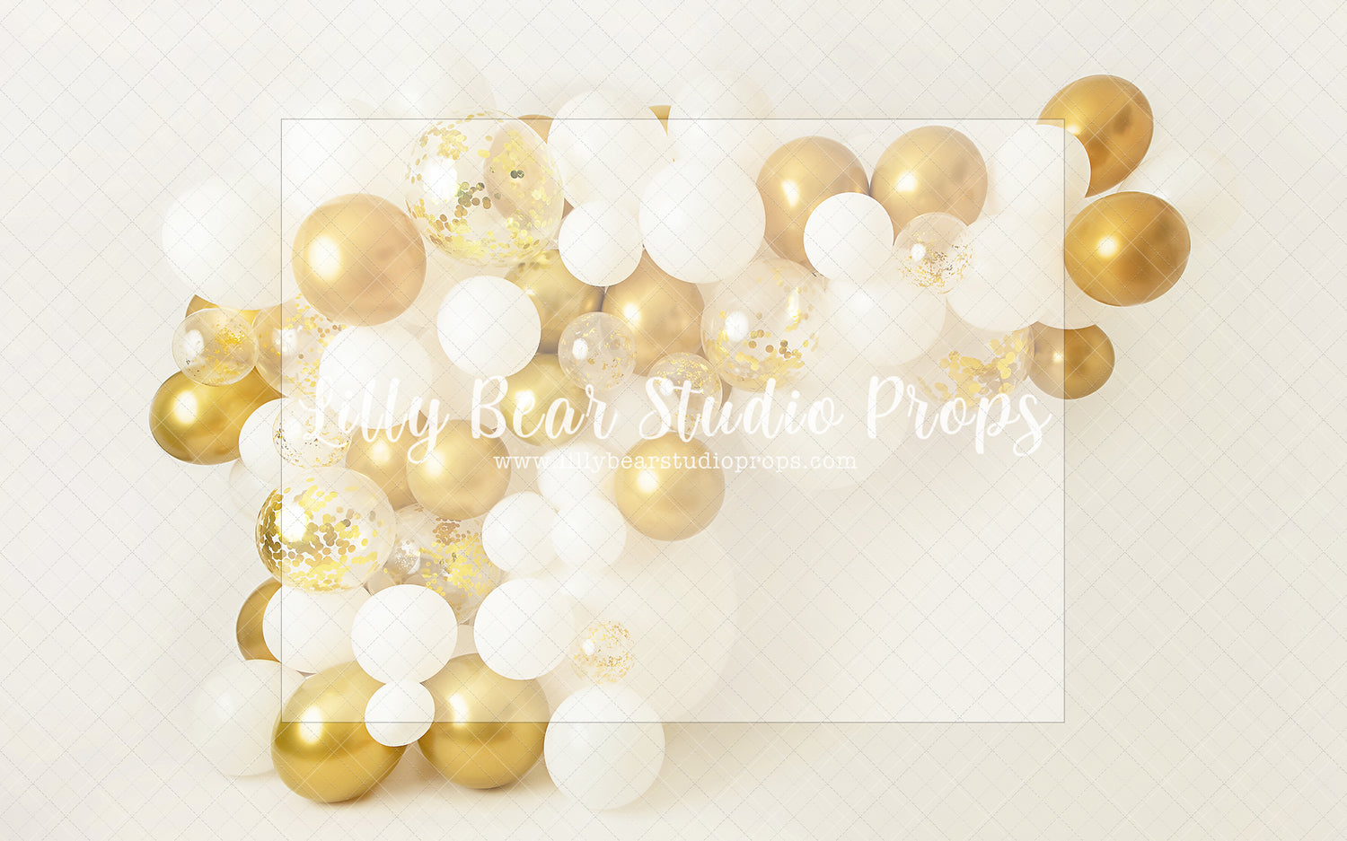 Emilie Gold - Lilly Bear Studio Props, balloons, birthday, gold, gold balloon garland, gold balloons, gold beaded curtains, gold beads, gold curtains, gold star, one, royal, royalty, white and gold balloon garland, white balloon garland, white balloons