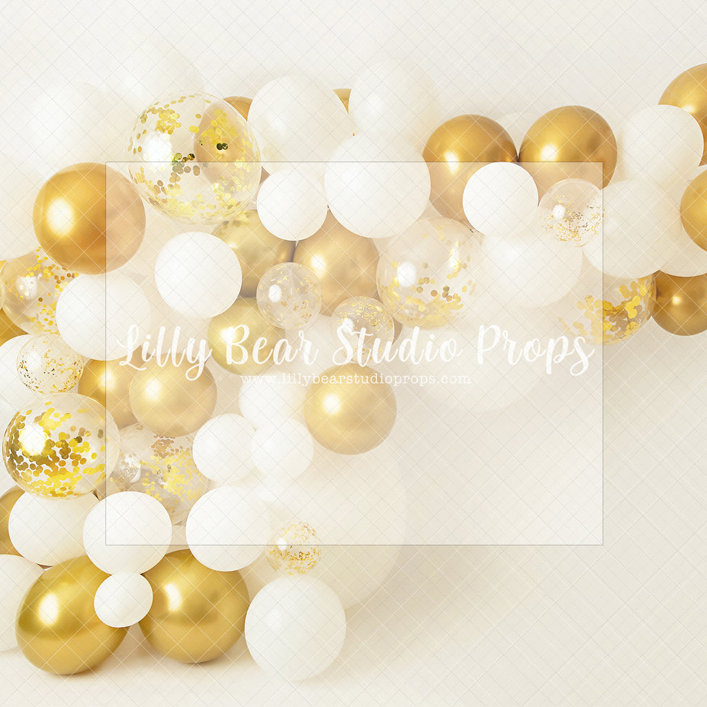Emilie Gold - Lilly Bear Studio Props, balloons, birthday, gold, gold balloon garland, gold balloons, gold beaded curtains, gold beads, gold curtains, gold star, one, royal, royalty, white and gold balloon garland, white balloon garland, white balloons