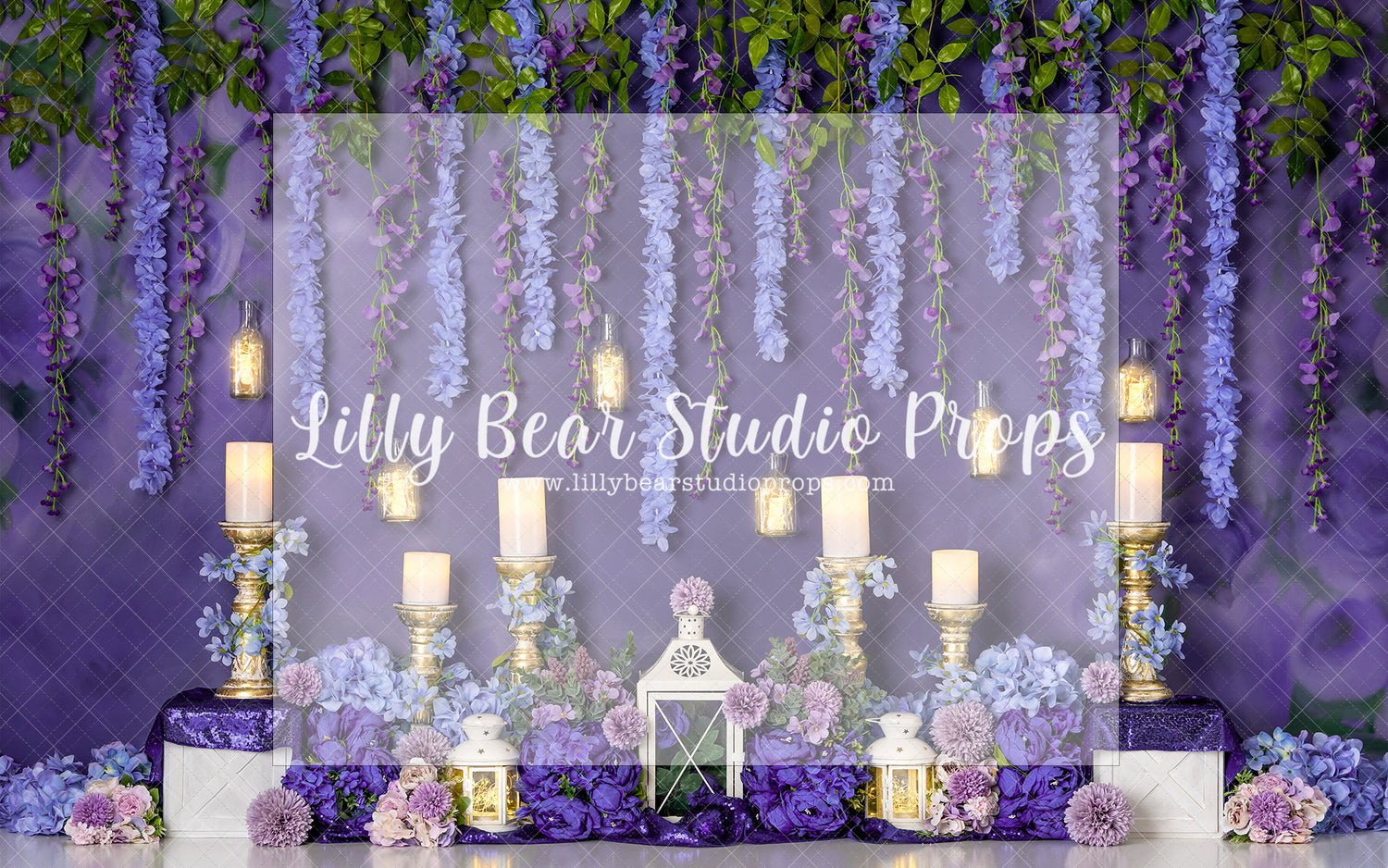 Enchanted Night Garden - Lilly Bear Studio Props, aladdin, blue and purple, blue flowers, candles, fabric, fairy garden, fairy garden night, fine art, floral, floral garden, garden, garden flowers, garden garland, garden love, garden tea party, girls, hand painted, jasmine, lanterns, magical fairy garden, magical garden, poly, pretty garden, purple flowers, spring garden, vinyl