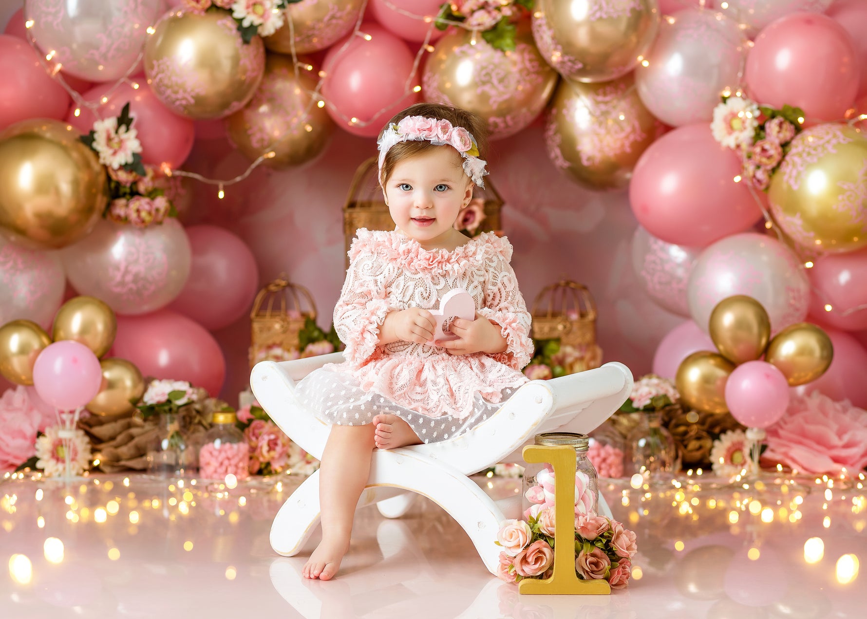 Eternity Balloon Arch - Lilly Bear Studio Props, blooming flowers, blush roses, bright flowers, cake smash, flowers, gold, gold balloons, gold palms, leaves, pink and gold balloons, pink balloons, pink flowers, pink roses, roses, spring flowers, tent