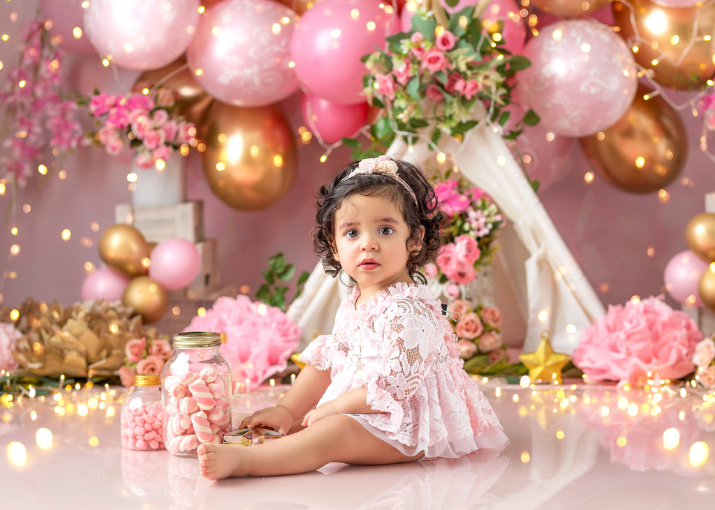 Eternity Balloon Arch - Lilly Bear Studio Props, blooming flowers, blush roses, bright flowers, cake smash, flowers, gold, gold balloons, gold palms, leaves, pink and gold balloons, pink balloons, pink flowers, pink roses, roses, spring flowers, tent