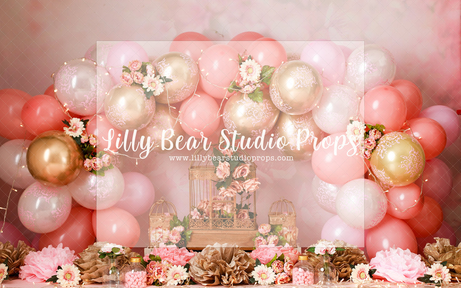 Eternity Balloon Arch - Lilly Bear Studio Props, blooming flowers, blush roses, bright flowers, cake smash, flowers, gold, gold balloons, gold palms, leaves, pink and gold balloons, pink balloons, pink flowers, pink roses, roses, spring flowers, tent