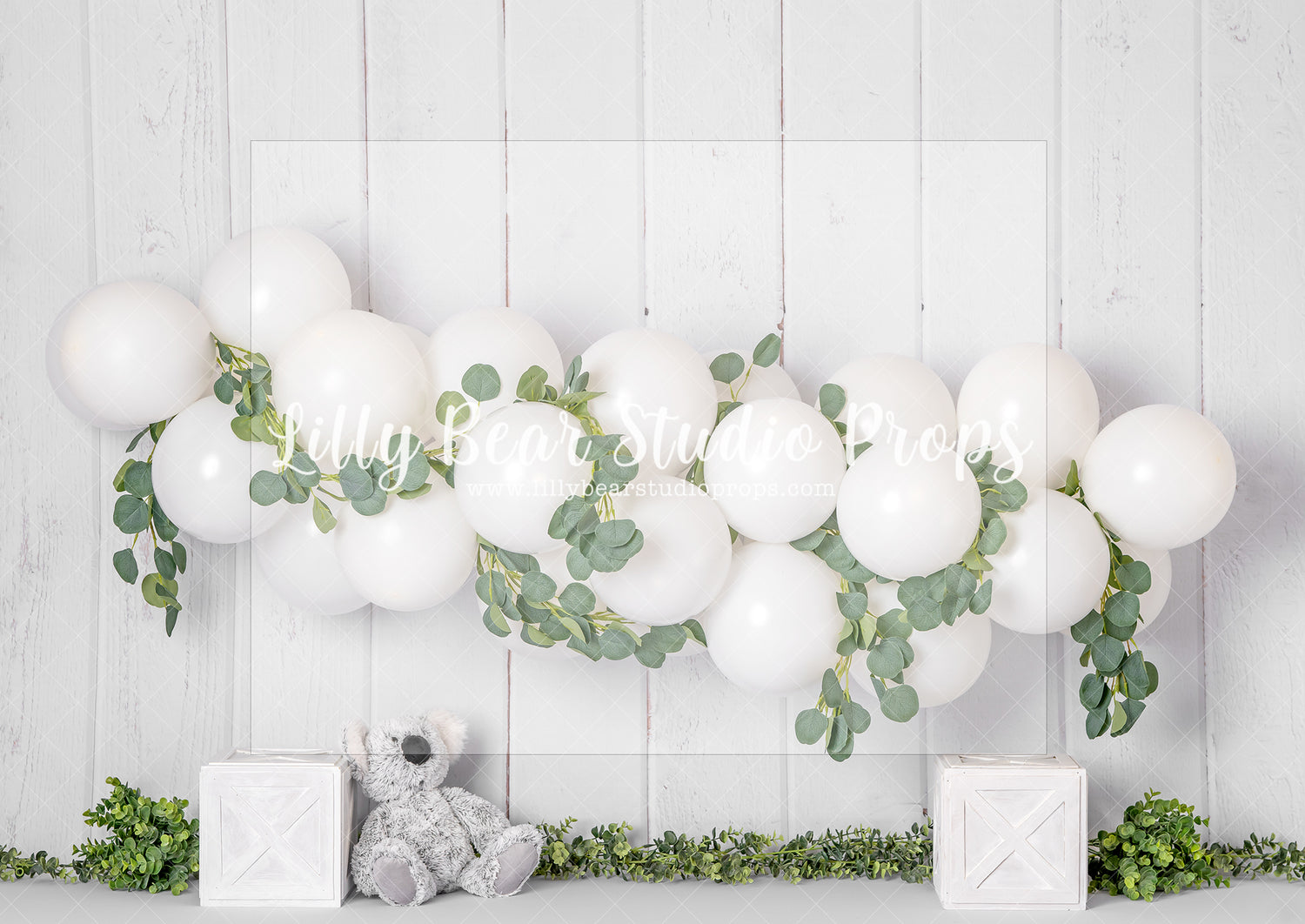 Eucalyptus White Koala - Lilly Bear Studio Props, australia, boho balloons, eucalyptus, eucalyptus balloon, eucalyptus balloon arch, eucalyptus birthday, eucalyptus garden, fabric, fine art, girls, koala, one-derland, poly, simple garland, vinyl, white balloon garland, white balloons, Wrinkle Free Fabric