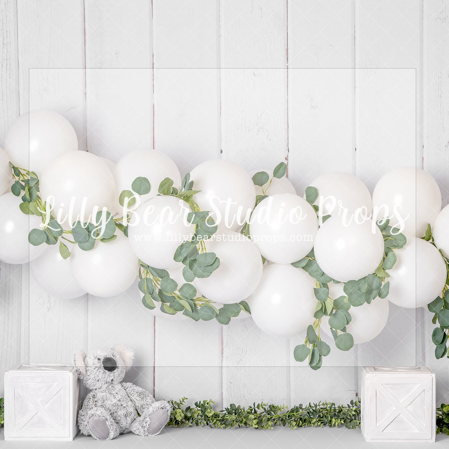 Eucalyptus White Koala - Lilly Bear Studio Props, australia, boho balloons, eucalyptus, eucalyptus balloon, eucalyptus balloon arch, eucalyptus birthday, eucalyptus garden, fabric, fine art, girls, koala, one-derland, poly, simple garland, vinyl, white balloon garland, white balloons, Wrinkle Free Fabric