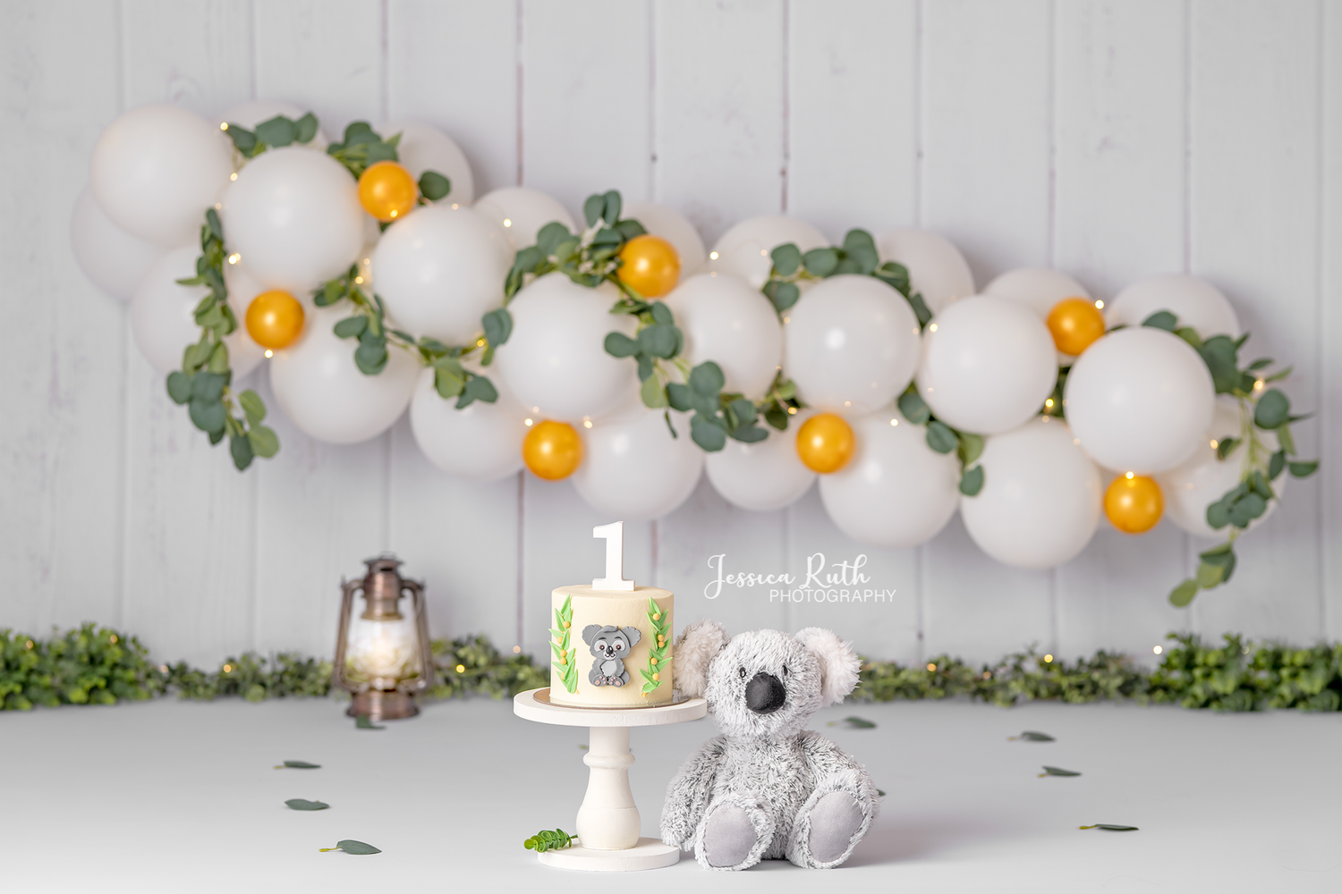 Eucalyptus White & Gold with Lantern - Lilly Bear Studio Props, boho balloons, eucalyptus, eucalyptus balloon, eucalyptus balloon arch, eucalyptus birthday, eucalyptus garden, fabric, fine art, girls, gold and white, gold and white balloons, lantern, one-derland, onederland, poly, simple garland, vinyl, white balloon garland, white balloons, white winter, winter, winter diamond, winter garland, Wrinkle Free Fabric