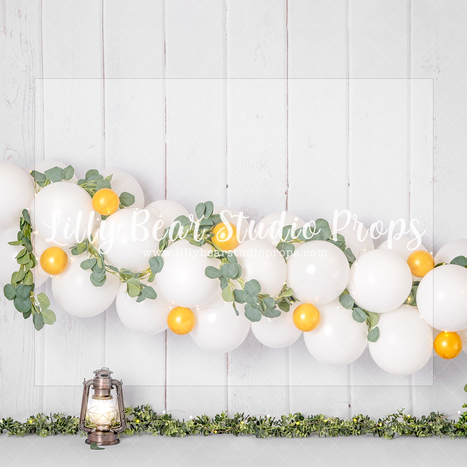 Eucalyptus White & Gold with Lantern - Lilly Bear Studio Props, boho balloons, eucalyptus, eucalyptus balloon, eucalyptus balloon arch, eucalyptus birthday, eucalyptus garden, fabric, fine art, girls, gold and white, gold and white balloons, lantern, one-derland, onederland, poly, simple garland, vinyl, white balloon garland, white balloons, white winter, winter, winter diamond, winter garland, Wrinkle Free Fabric