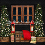 Evening Window - Lilly Bear Studio Props, arctic pines, christmas, christmas village, christmas window, evergreen trees, evergreens, holiday, holiday christmas, night window, pine trees, silver winter, snow, snowflakes, snowy forest, snowy pine, snowy pine trees, snowy trees, toy chest, village, white christmas, white holiday, white winter, winter, winter christmas, winter diamond