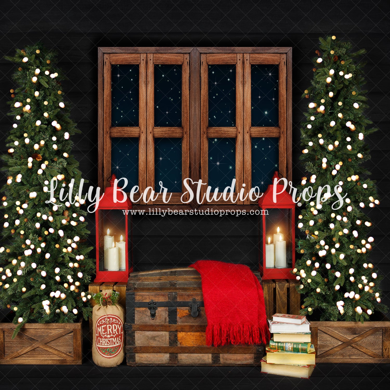 Evening Window - Lilly Bear Studio Props, arctic pines, christmas, christmas village, christmas window, evergreen trees, evergreens, holiday, holiday christmas, night window, pine trees, silver winter, snow, snowflakes, snowy forest, snowy pine, snowy pine trees, snowy trees, toy chest, village, white christmas, white holiday, white winter, winter, winter christmas, winter diamond