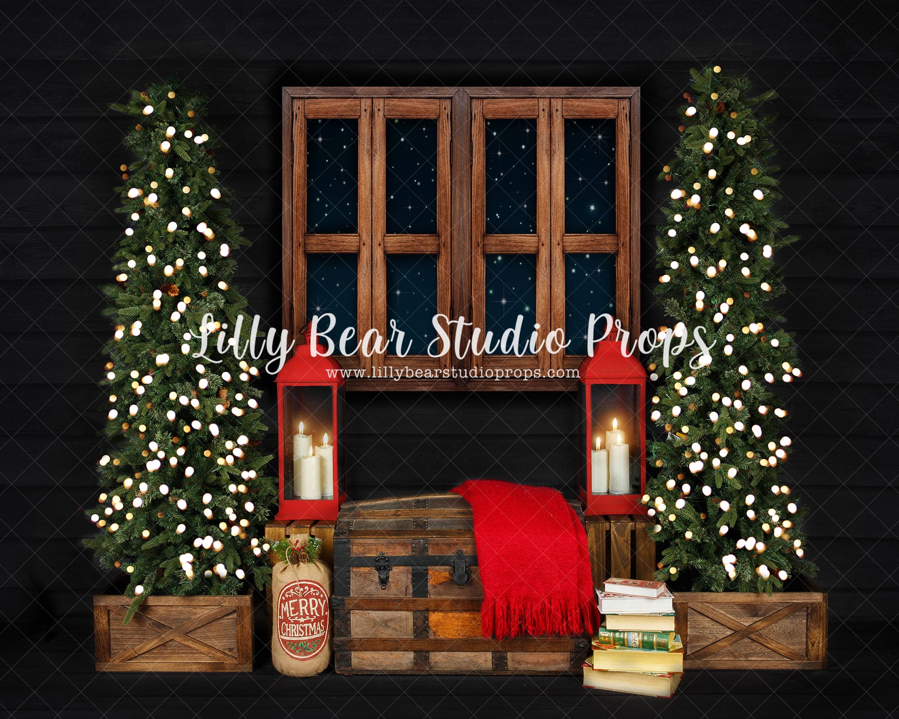 Evening Window - Lilly Bear Studio Props, arctic pines, christmas, christmas village, christmas window, evergreen trees, evergreens, holiday, holiday christmas, night window, pine trees, silver winter, snow, snowflakes, snowy forest, snowy pine, snowy pine trees, snowy trees, toy chest, village, white christmas, white holiday, white winter, winter, winter christmas, winter diamond