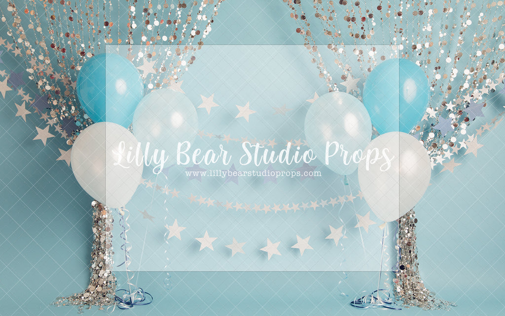 Extravaganza - Lilly Bear Studio Props, balloons, birthday, blue, blue and gold, blue and gold balloons, blue balloons, boy birthday, navy, one, polka dot, royal, royalty, silver, silver beads, silver confetti, silver confetti balloon, silver curtains, silver stars, stars, tassles, white balloons