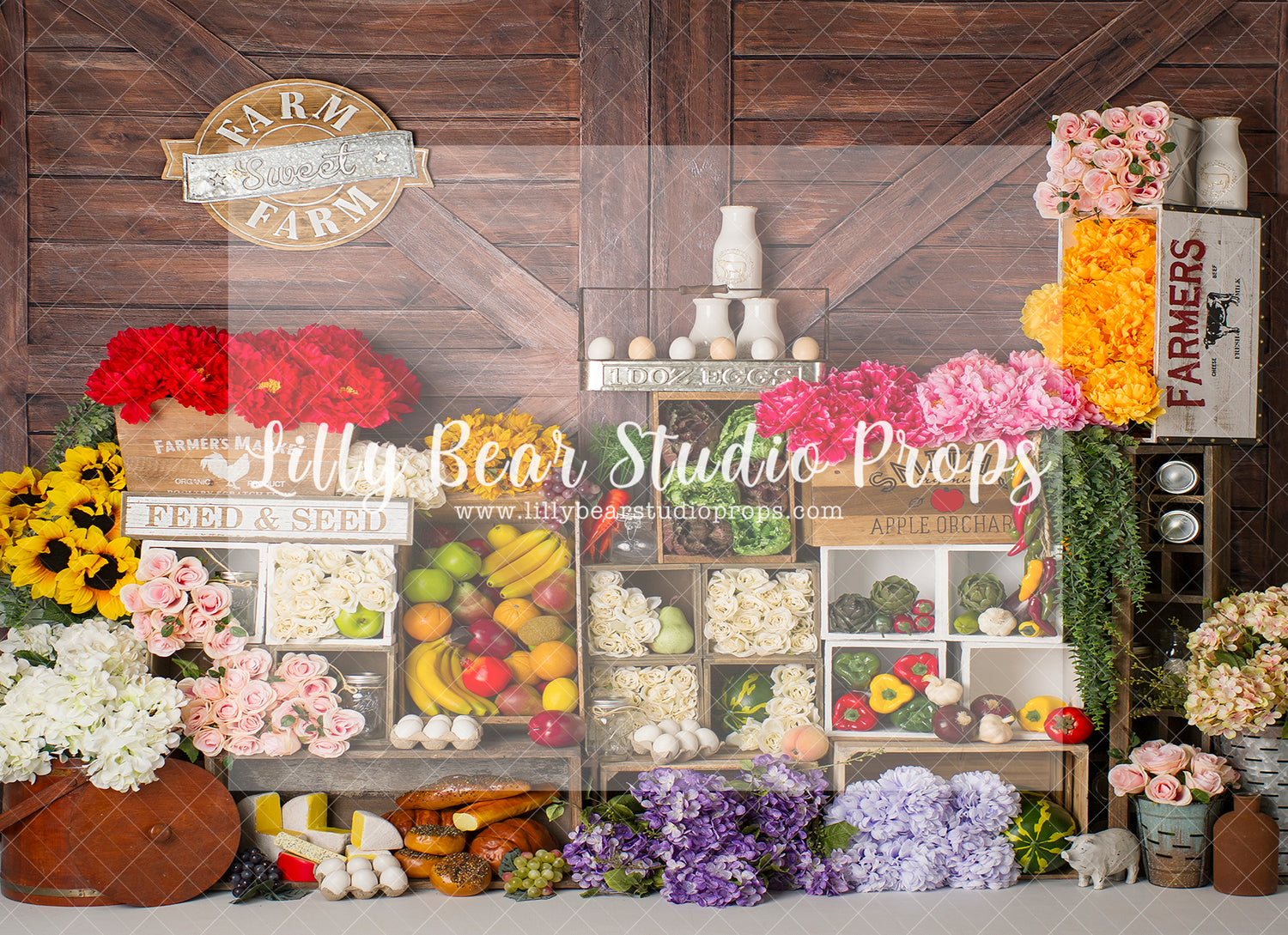 Farm Sweet Farm - Lilly Bear Studio Props, barn door, bread, easter garden, FABRICS, floral garden, flower market, fruit, fruit market, red barn, red barn spring, red barn wood, spring, spring garden