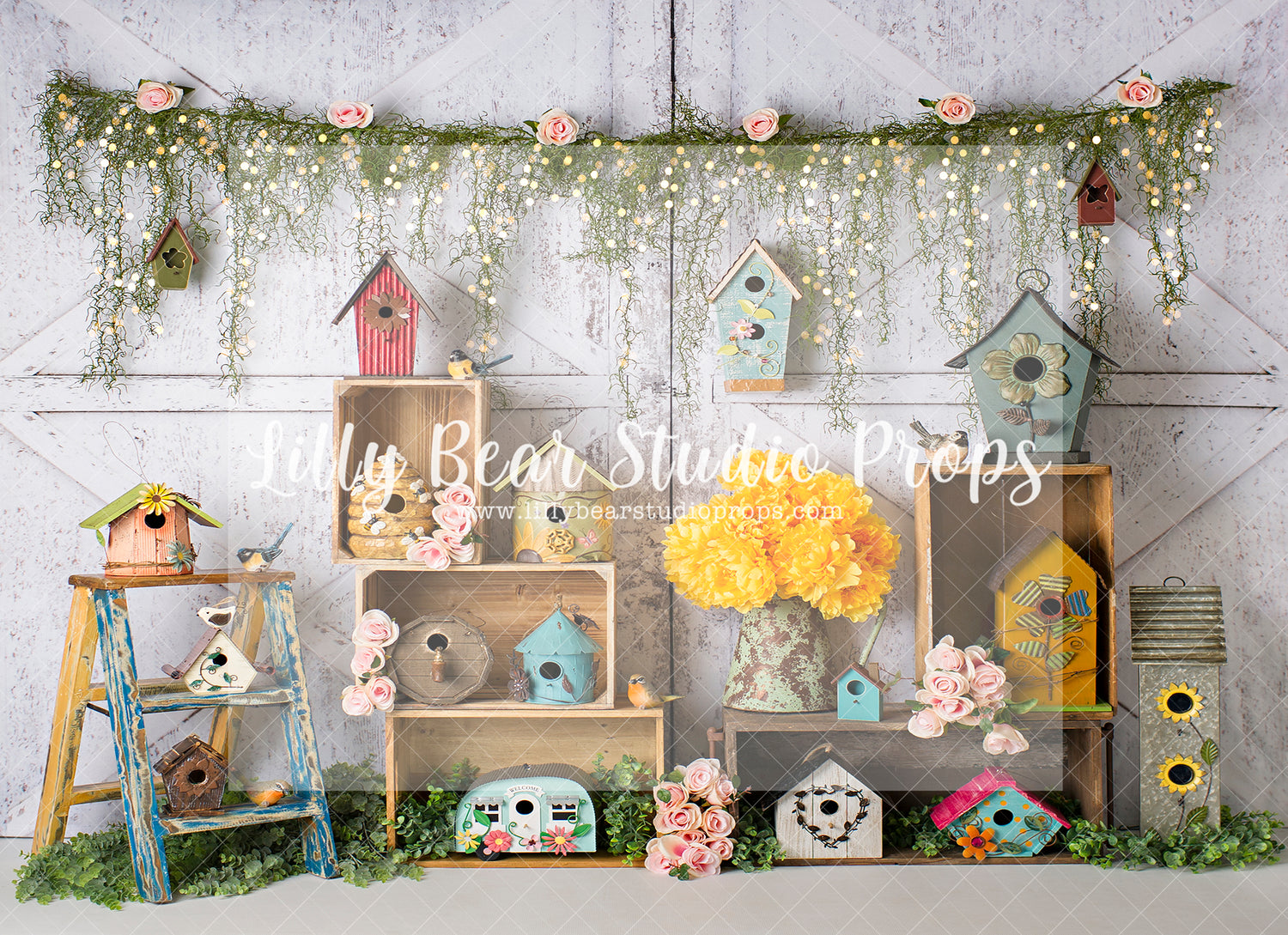 Flight Of Fancy - Lilly Bear Studio Props, barn door, bird, birds, FABRICS, floral garden, flower market, red barn, spring, spring garden