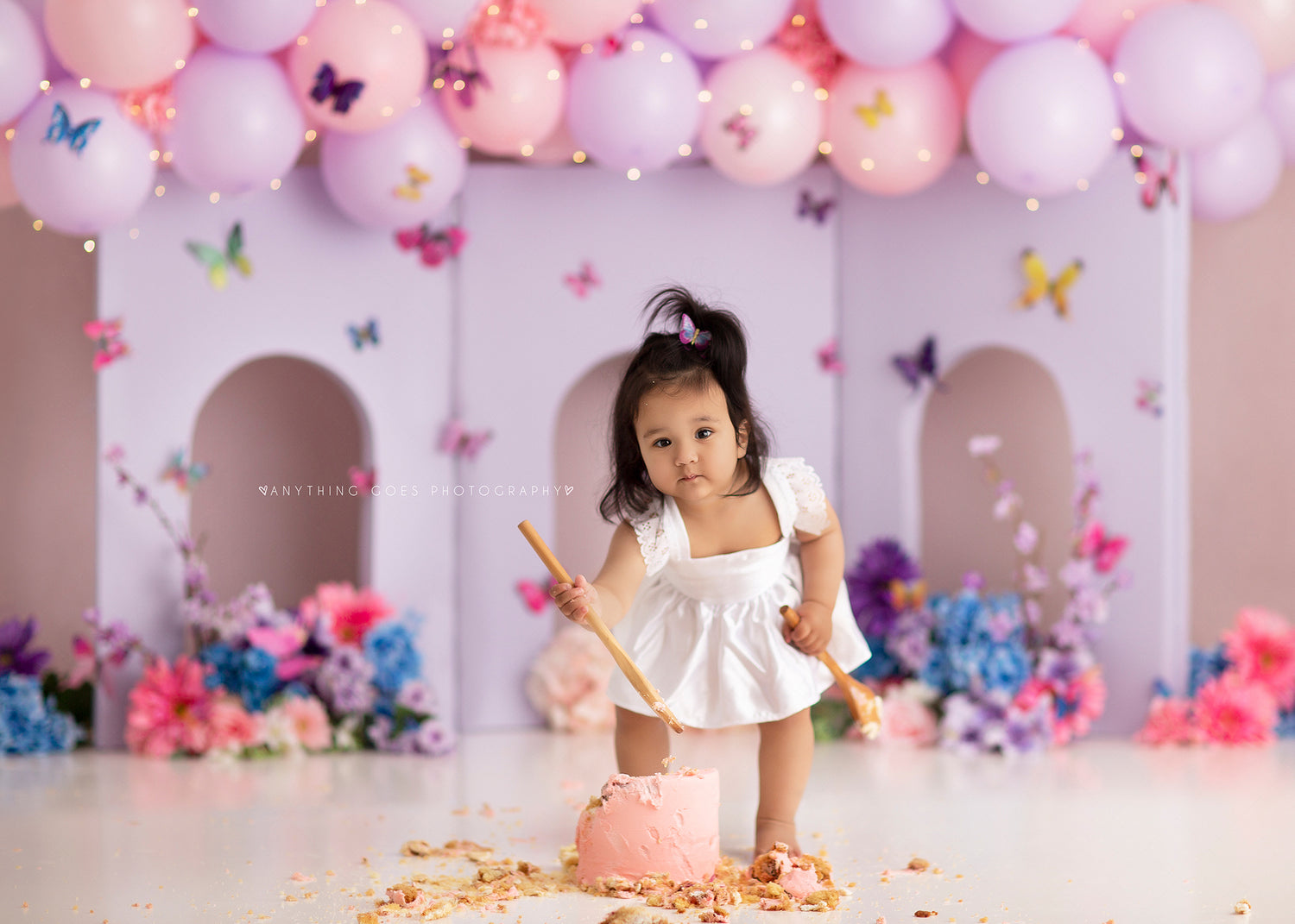 Butterflyland by Anything Goes Photography sold by Lilly Bear Studio Props, arch - arches - balloon garland - butterfli
