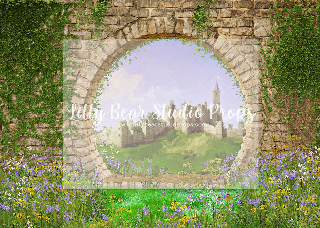 Fairytale Moongate Castle - Lilly Bear Studio Props, castle, castle balcony, castle gate, center park, Fabric, FABRICS, garden, garden path, garden steps, garden walkway, london, park, pink tulips, spring, steps, Wrinkle Free Fabric