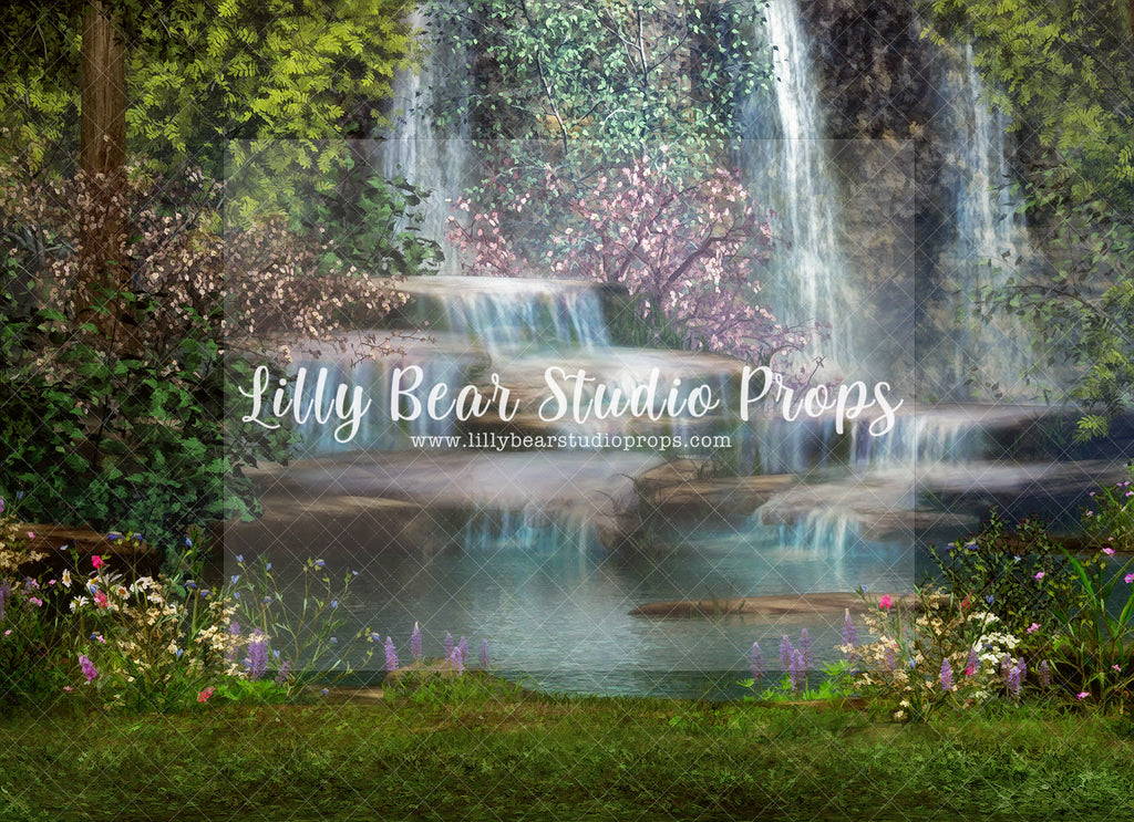 Fairy Tale Waterfall - Lilly Bear Studio Props, artistic floral, blush roses, cherry blossoms, FABRICS, fairies, fairy, fairy garden, floral, floral garden, flower garden, garden, garden love, girl, meadow, pink cherry blossoms, pink rose, pink roses, pond, waterfall, white cherry blossoms