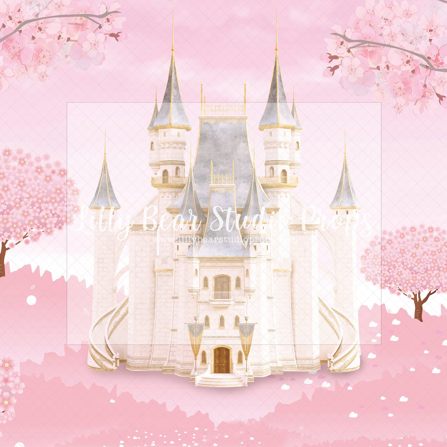 Fairytale Castle - Lilly Bear Studio Props, carriage, castle, castle balcony, castle gate, center park, cinderella carriage, Fabric, FABRICS, fairytale, fairytales, garden, garden path, garden steps, garden walkway, london, park, pink castle, pink tulips, princess carriage, spring, steps, Wrinkle Free Fabric