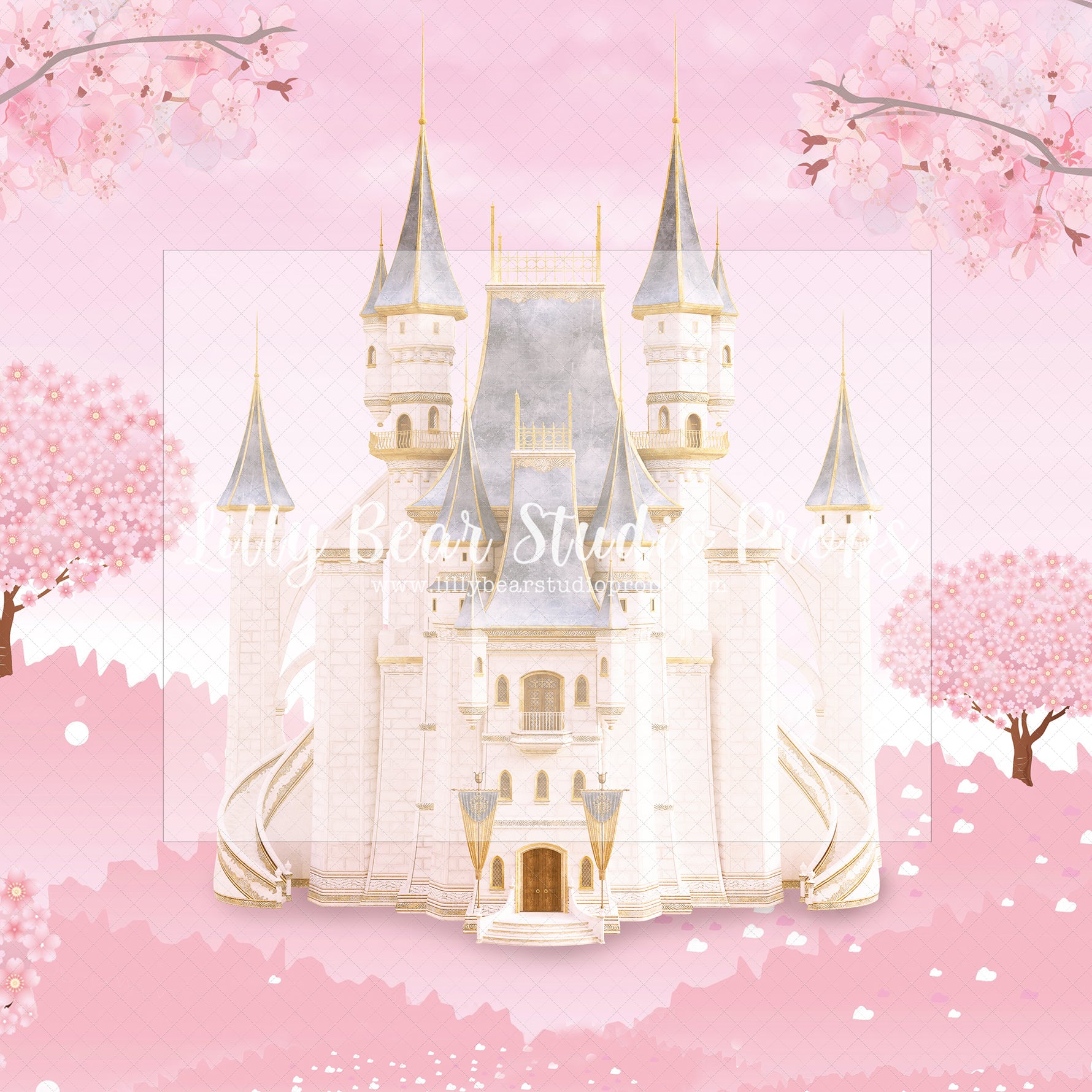 Fairytale Castle - Lilly Bear Studio Props, carriage, castle, castle balcony, castle gate, center park, cinderella carriage, Fabric, FABRICS, fairytale, fairytales, garden, garden path, garden steps, garden walkway, london, park, pink castle, pink tulips, princess carriage, spring, steps, Wrinkle Free Fabric