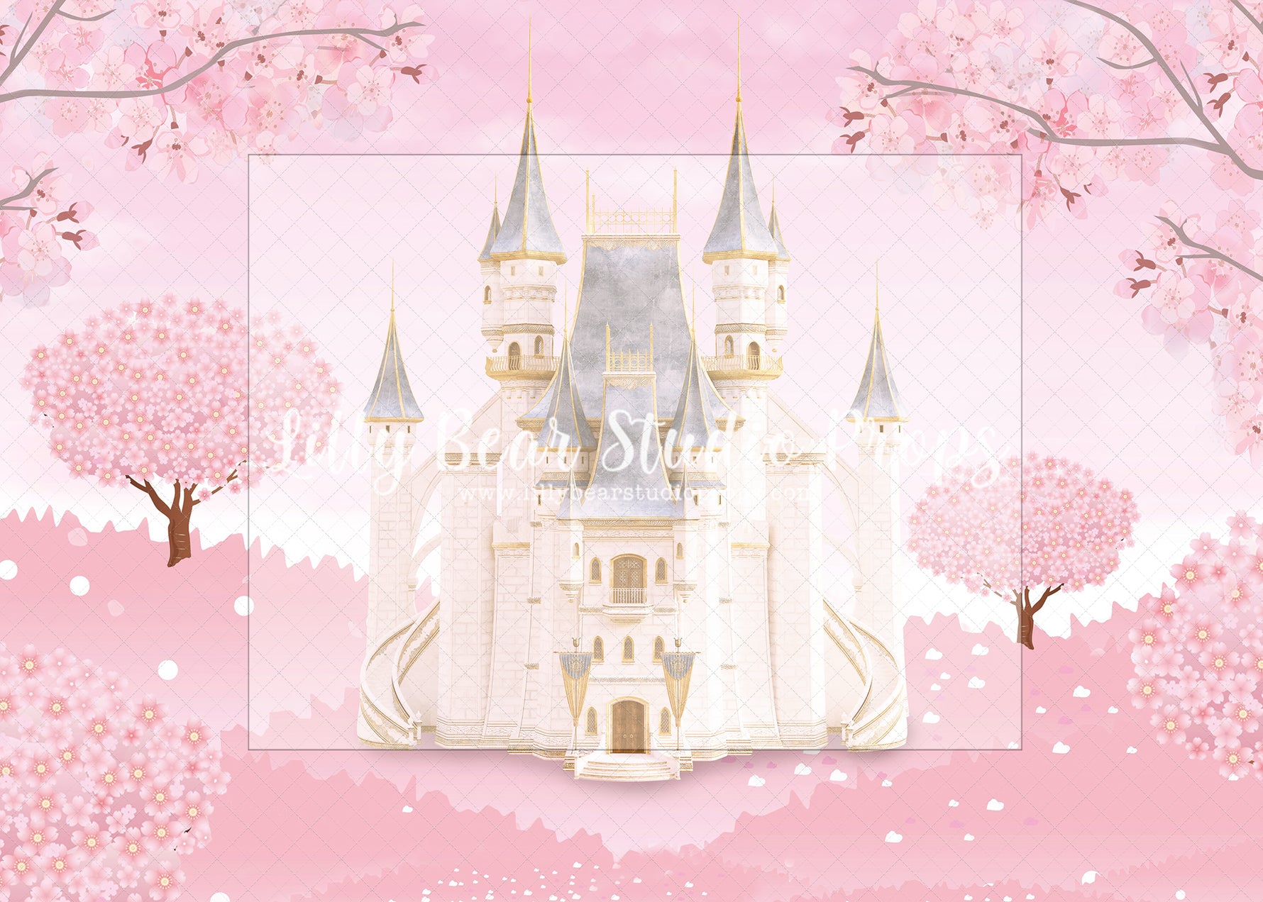 Fairytale Castle - Lilly Bear Studio Props, carriage, castle, castle balcony, castle gate, center park, cinderella carriage, Fabric, FABRICS, fairytale, fairytales, garden, garden path, garden steps, garden walkway, london, park, pink castle, pink tulips, princess carriage, spring, steps, Wrinkle Free Fabric