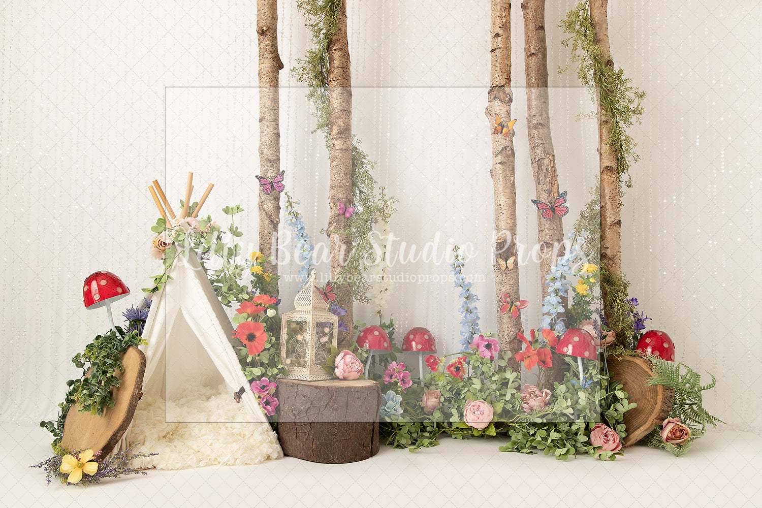 Fairytale Garden Forest - Lilly Bear Studio Props, birch wood, butterfly balloons, floral forest, floral garden, gold stars, little wild one, magic mushrooms, mushrooms, rustic woodland, white balloons, wild flowers, wild one, wild one girl, woodland, woodland animals, woodland creatures, woodland flower garland, woodland friends