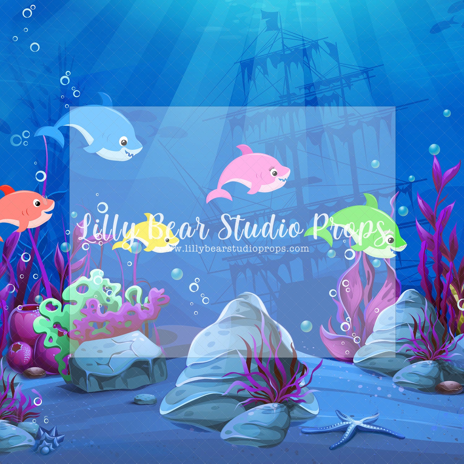 Family Of Sharks - Lilly Bear Studio Props, aqua, Fabric, girls, glitter, little shark, sea, shark, under the sea, under water, underwater, water, waves, Wrinkle Free Fabric