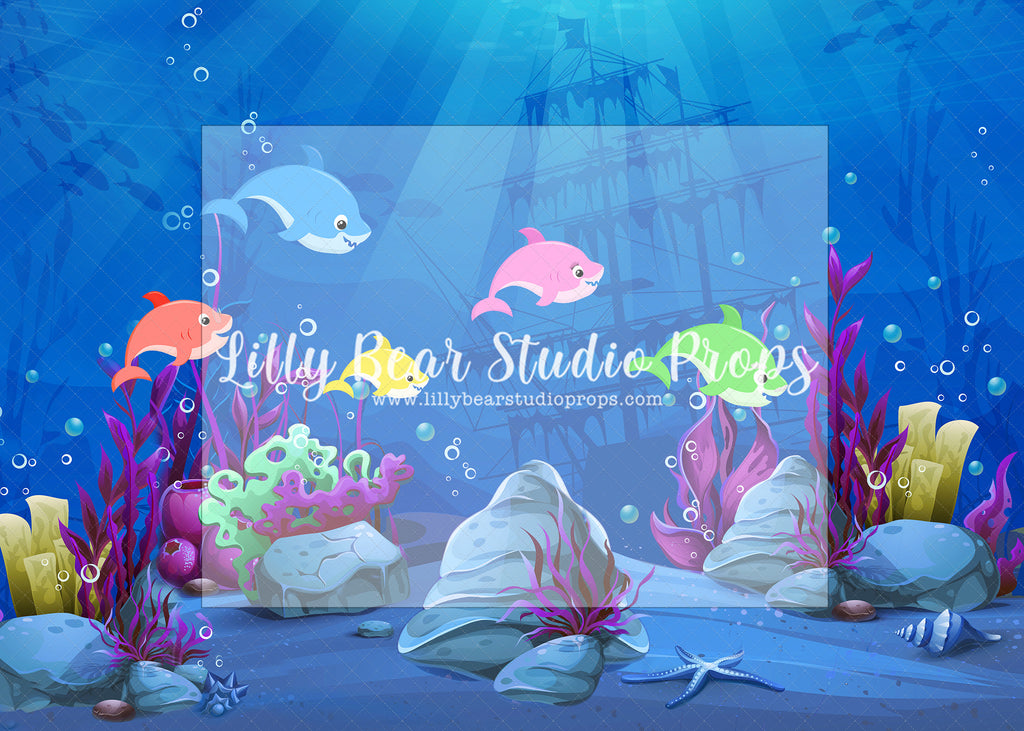 Family Of Sharks - Lilly Bear Studio Props, aqua, Fabric, girls, glitter, little shark, sea, shark, under the sea, under water, underwater, water, waves, Wrinkle Free Fabric