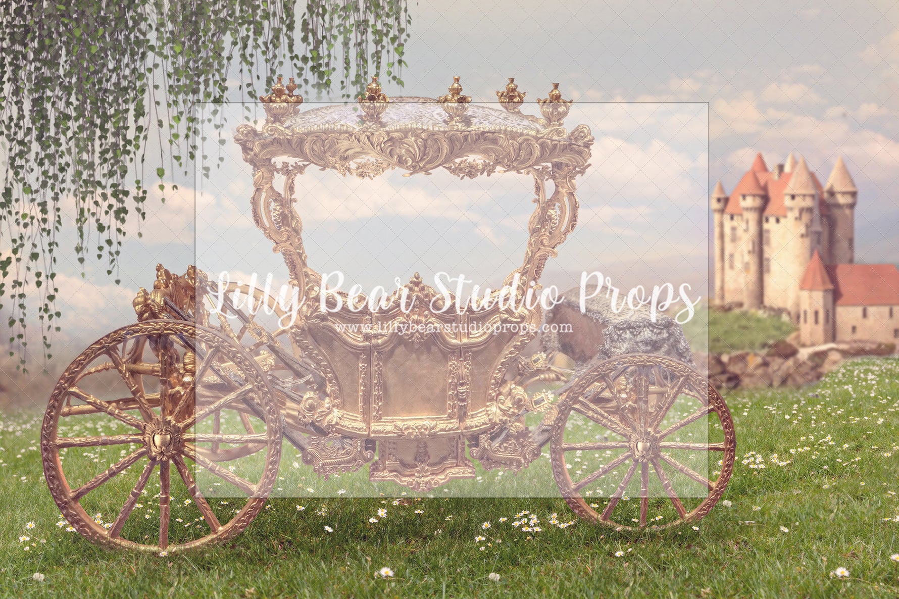 Fancy Carriage - Lilly Bear Studio Props, carriage, castle, castle balcony, castle gate, center park, cinderella carriage, Fabric, FABRICS, fairytale, fairytales, garden, garden path, garden steps, garden walkway, london, park, pink castle, pink tulips, princess carriage, spring, steps, Wrinkle Free Fabric