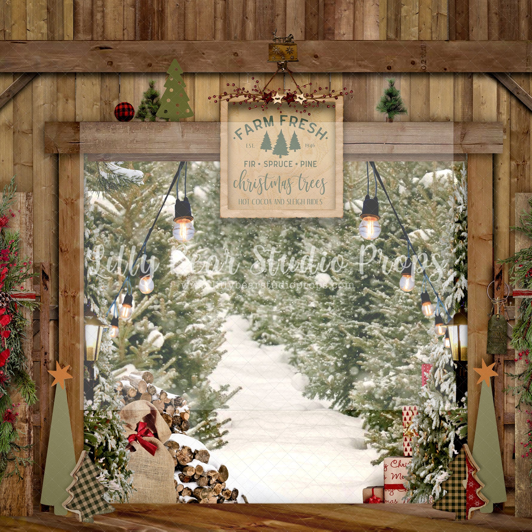 Farm Fresh Tree Farm - Lilly Bear Studio Props, boho christmas fireplace, candles, candy cane, christmas, christmas fireplace, christmas snow, christmas train, christmas tree farm, Cozy, Decorated, Fabric, FABRICS, Festive, fireplace, gingerbread, gingerbread house, Giving, Holiday, Holy, Hopeful, joy wreath, Joyful, lollipop, lollipops, Merry, Peaceful, Peacful, Red & Green, santa candy cane, Seasonal, train tracks, tree farm, white fireplace, winter, wreath, Xmas, Yuletide