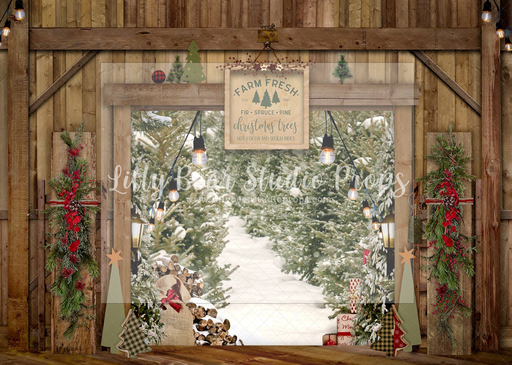Farm Fresh Tree Farm - Lilly Bear Studio Props, boho christmas fireplace, candles, candy cane, christmas, christmas fireplace, christmas snow, christmas train, christmas tree farm, Cozy, Decorated, Fabric, FABRICS, Festive, fireplace, gingerbread, gingerbread house, Giving, Holiday, Holy, Hopeful, joy wreath, Joyful, lollipop, lollipops, Merry, Peaceful, Peacful, Red & Green, santa candy cane, Seasonal, train tracks, tree farm, white fireplace, winter, wreath, Xmas, Yuletide