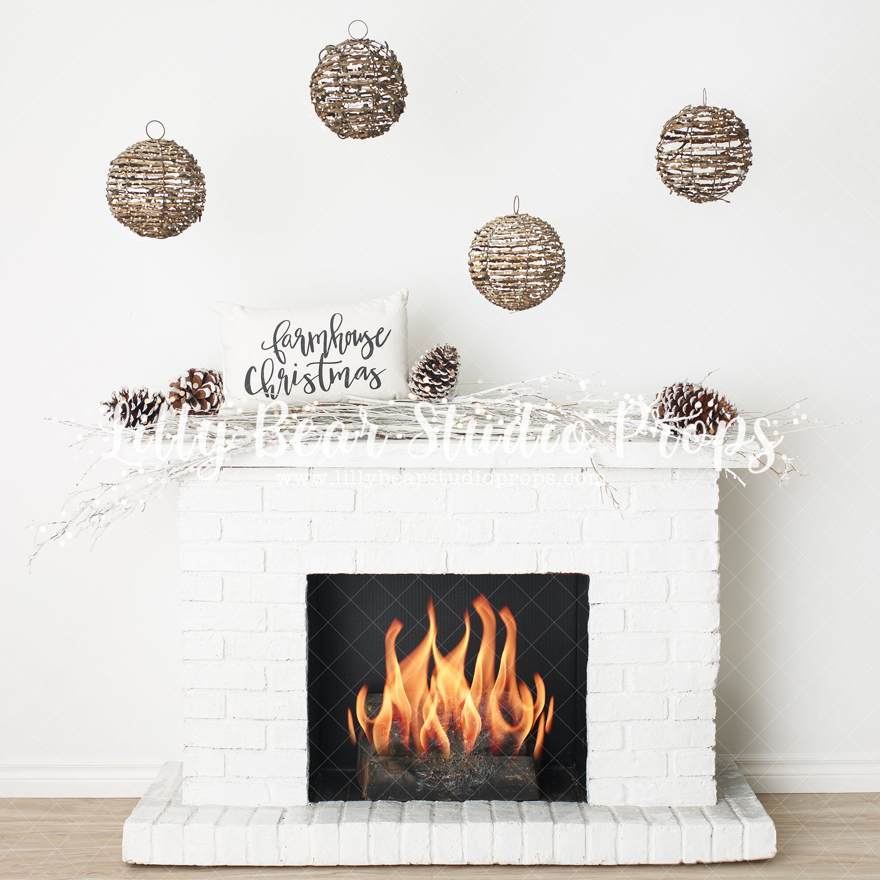 Farmhouse Christmas Mantle - Lilly Bear Studio Props, bohemian mantel, boho mantel, christmas, christmas mantel, fireplace, forest, holiday fireplace, holiday mantel, mantel, simple, simple mantel, simple white, white fireplace, white mantel, winter