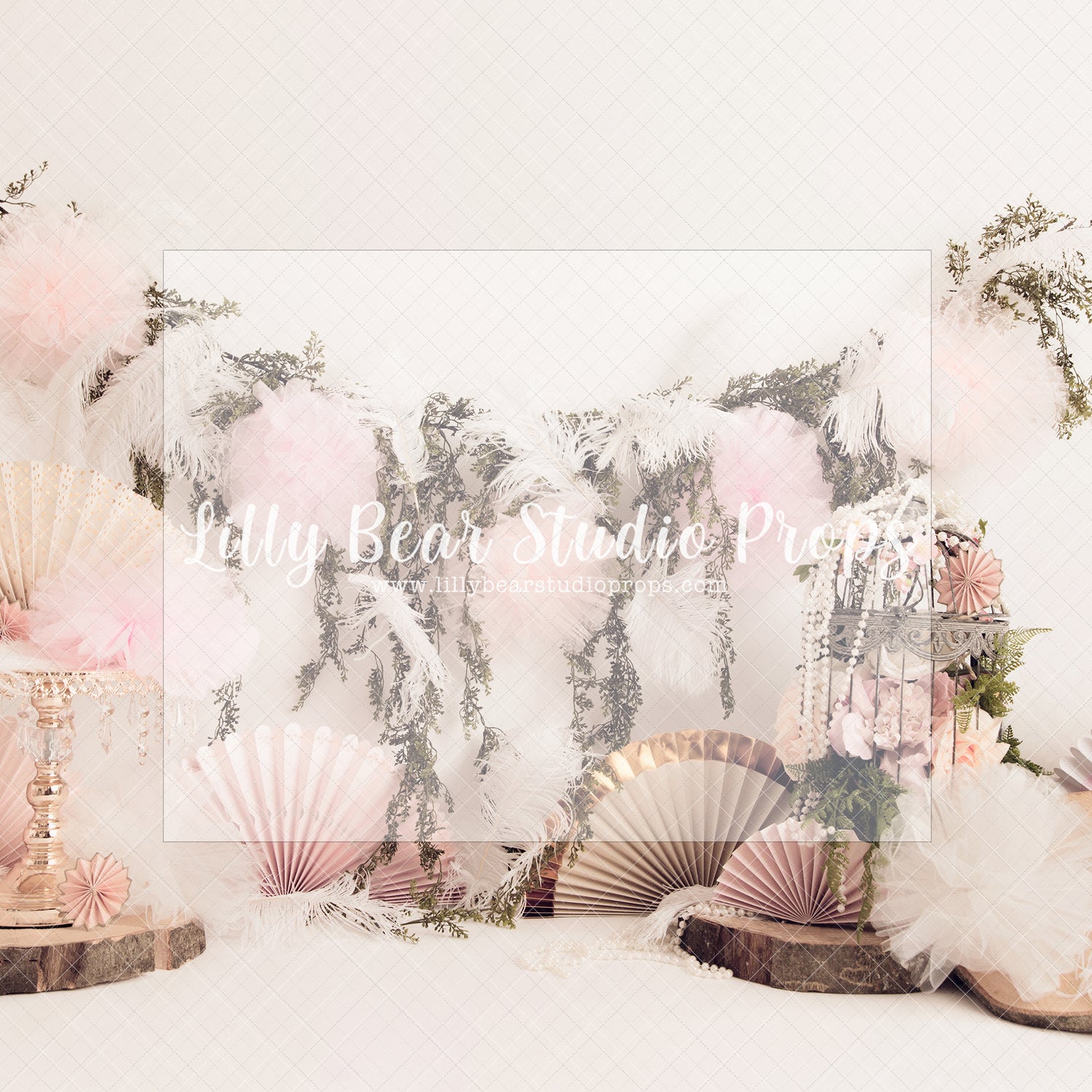 Feathered Fans - Lilly Bear Studio Props, birthday girl, chandelier, confetti, cream fans, feathered fans, feathers, gold beaded curtains, gold birthday, gold confetti, gold fans, gold glitter beads, gold one, greenery, one, paper fans, party fans, pink, pink birthday, pink fans