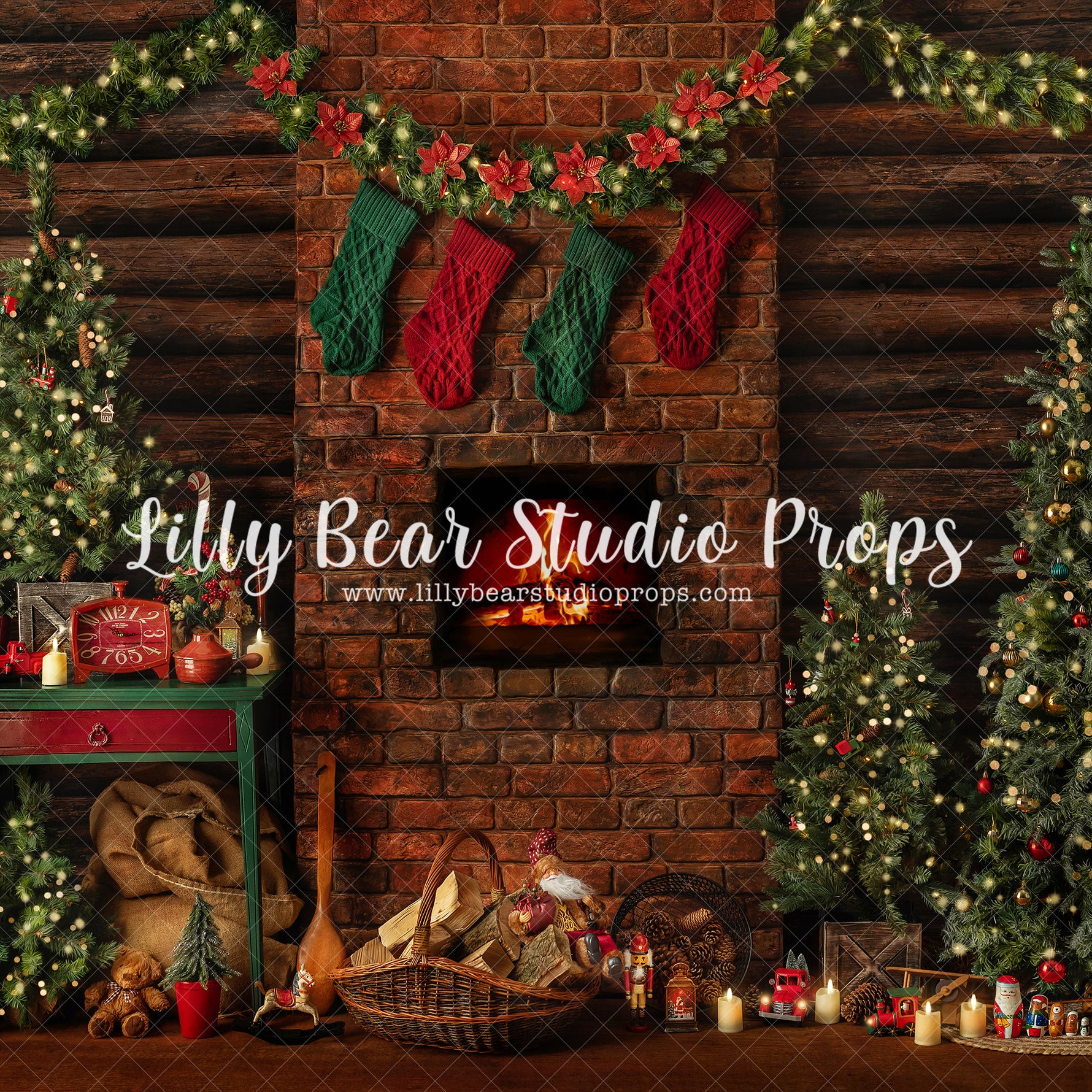 Festive Cabin Christmas - Lilly Bear Studio Props, arctic pines, christmas, christmas village, evergreen trees, evergreens, Fabric, gnomes, holiday, holiday christmas, pillows, pine trees, red curtains, santa window, silver winter, snow, snowflakes, snowy forest, snowy pine, snowy pine trees, snowy trees, village, white christmas, white holiday, white winter, winter, winter christmas, winter diamond, winter lodge, Wrinkle Free Fabric