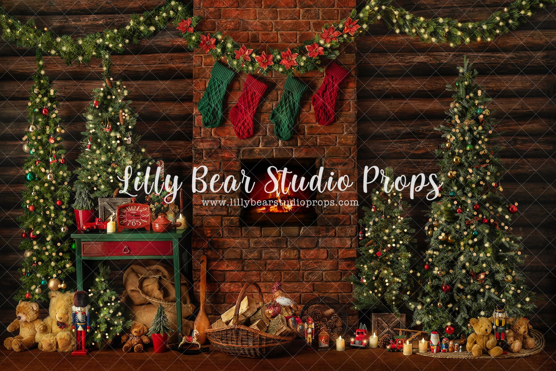 Festive Cabin Christmas - Lilly Bear Studio Props, arctic pines, christmas, christmas village, evergreen trees, evergreens, Fabric, gnomes, holiday, holiday christmas, pillows, pine trees, red curtains, santa window, silver winter, snow, snowflakes, snowy forest, snowy pine, snowy pine trees, snowy trees, village, white christmas, white holiday, white winter, winter, winter christmas, winter diamond, winter lodge, Wrinkle Free Fabric