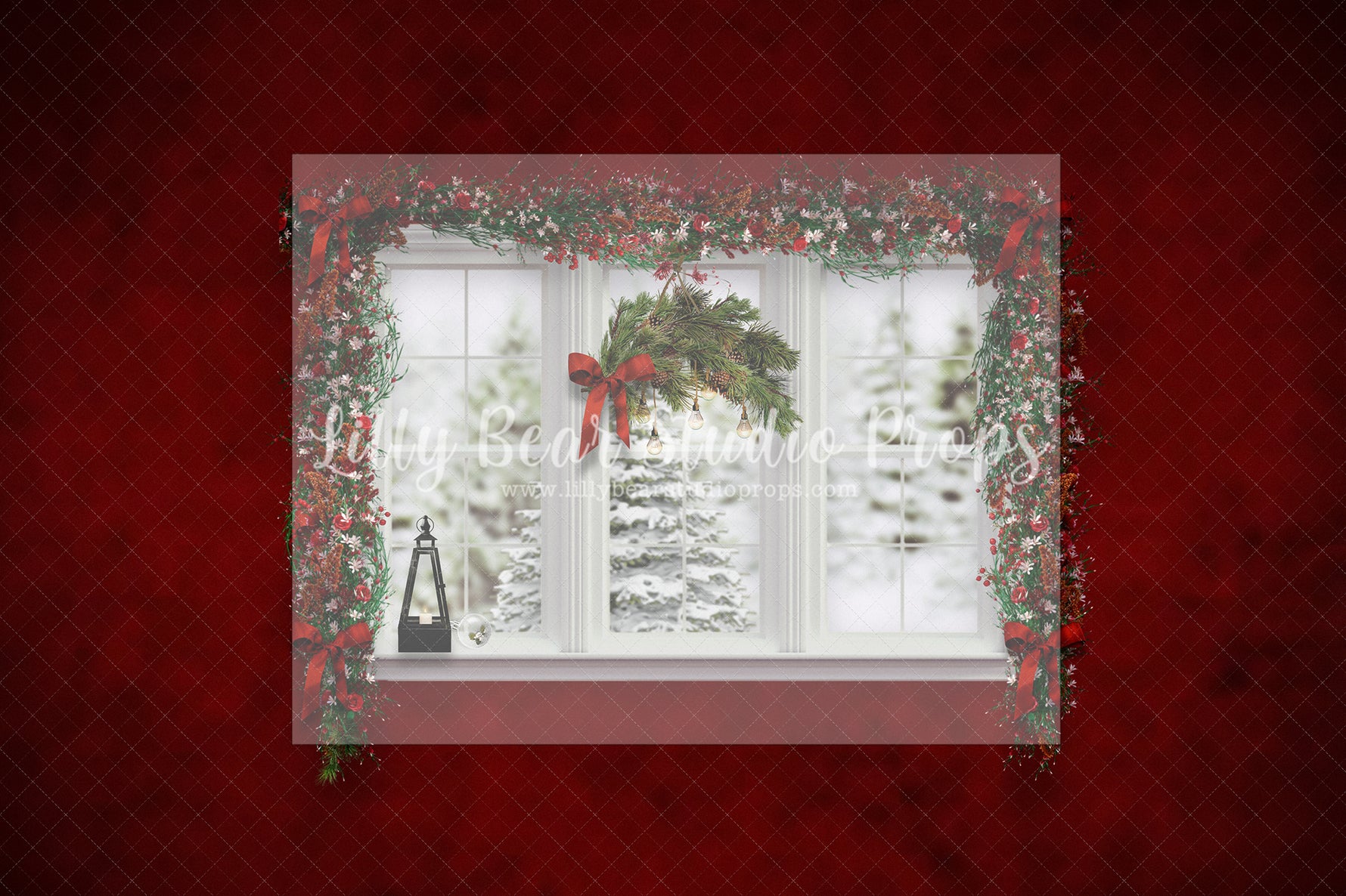 Festive Cranberry Window - Lilly Bear Studio Props, boho christmas fireplace, candles, candy cane, christmas, christmas fireplace, christmas snow, christmas train, christmas tree farm, Cozy, Decorated, Fabric, FABRICS, Festive, fireplace, Giving, Holiday, Holy, Hopeful, Joyful, lollipops, Merry, Peaceful, Peacful, Red & Green, santa, santa candy cane, Seasonal, train tracks, tree farm, white fireplace, winter, wreath, Xmas, Yuletide