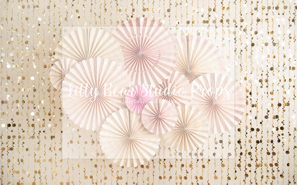 Festivities - Lilly Bear Studio Props, birthday girl, confetti, cream fans, gold beaded curtains, gold birthday, gold confetti, gold fans, gold glitter beads, gold one, one, paper fans, party fans, pink, pink birthday, pink fans