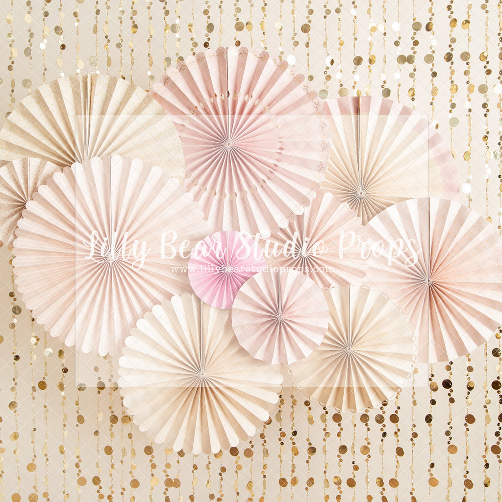 Festivities - Lilly Bear Studio Props, birthday girl, confetti, cream fans, gold beaded curtains, gold birthday, gold confetti, gold fans, gold glitter beads, gold one, one, paper fans, party fans, pink, pink birthday, pink fans