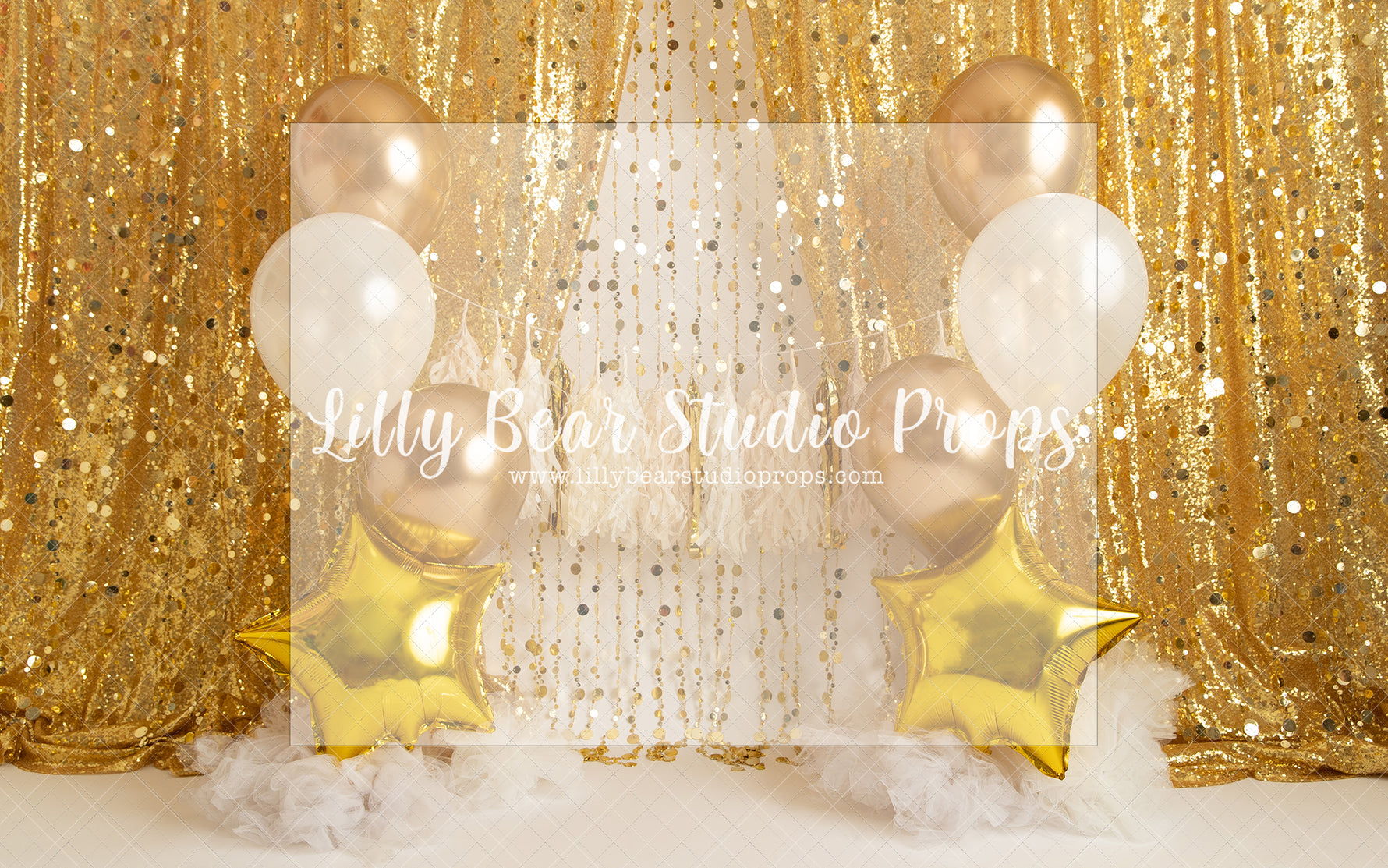 Gold Fiesta - Lilly Bear Studio Props, balloons, birthday, boy birthday, clouds, gold, gold balloons, gold beaded curtains, gold beads, gold curtains, gold star, gold stars, one, royal, royalty, stars, tassles, white balloons