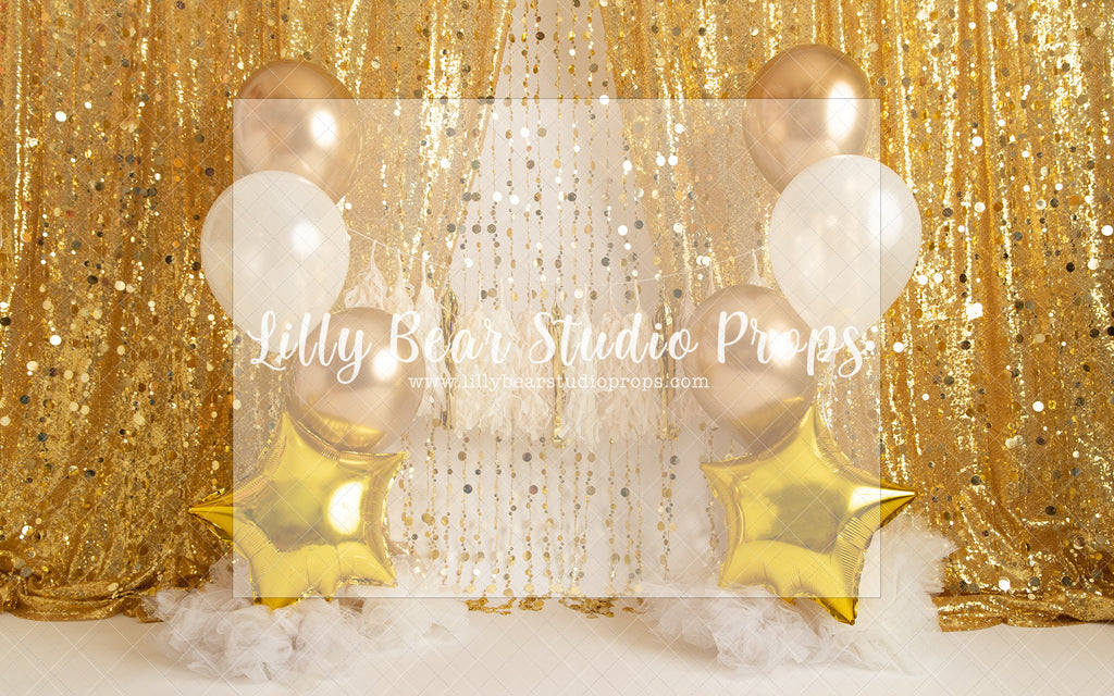 Gold Fiesta - Lilly Bear Studio Props, balloons, birthday, boy birthday, clouds, gold, gold balloons, gold beaded curtains, gold beads, gold curtains, gold star, gold stars, one, royal, royalty, stars, tassles, white balloons